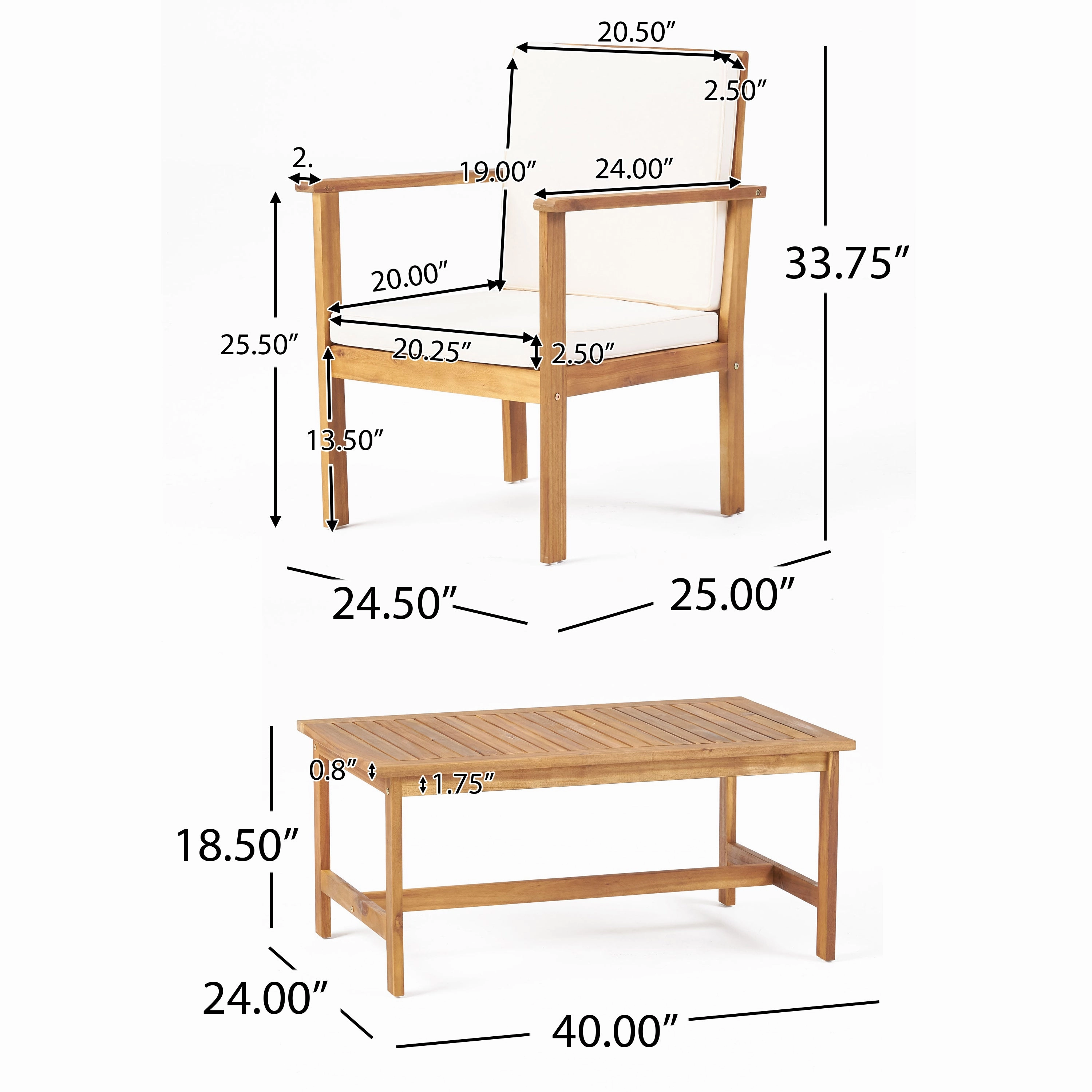 Outdoor Acacia Wood Club Chair and Coffee Table Set with Cushions