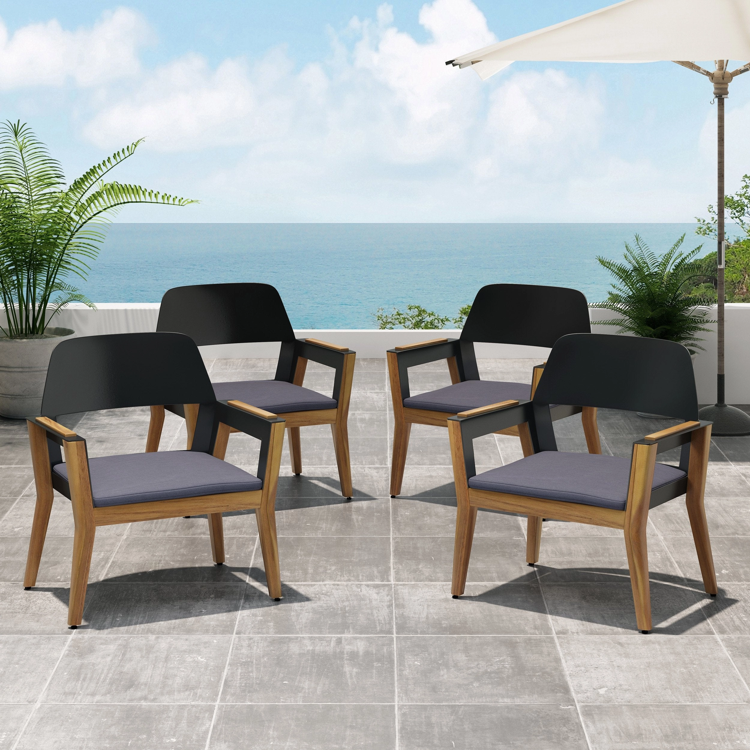 Outdoor Acacia Wood Club Chairs with Cushion (Set of 4) - NH958213 outdoor furniture, garden bench