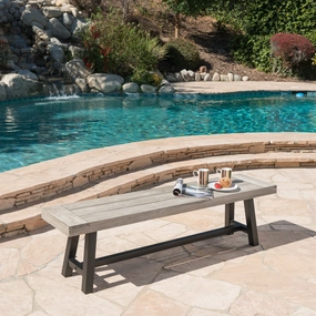 Outdoor Acacia Wood Dining Bench with Rustic Metal Finish Frame - NH209303 outdoor furniture, garden bench