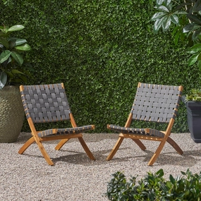 Outdoor Acacia Wood Foldable Chairs (Set of 2), Brown Patina and Gray Straps - NH197803 outdoor furniture, garden bench