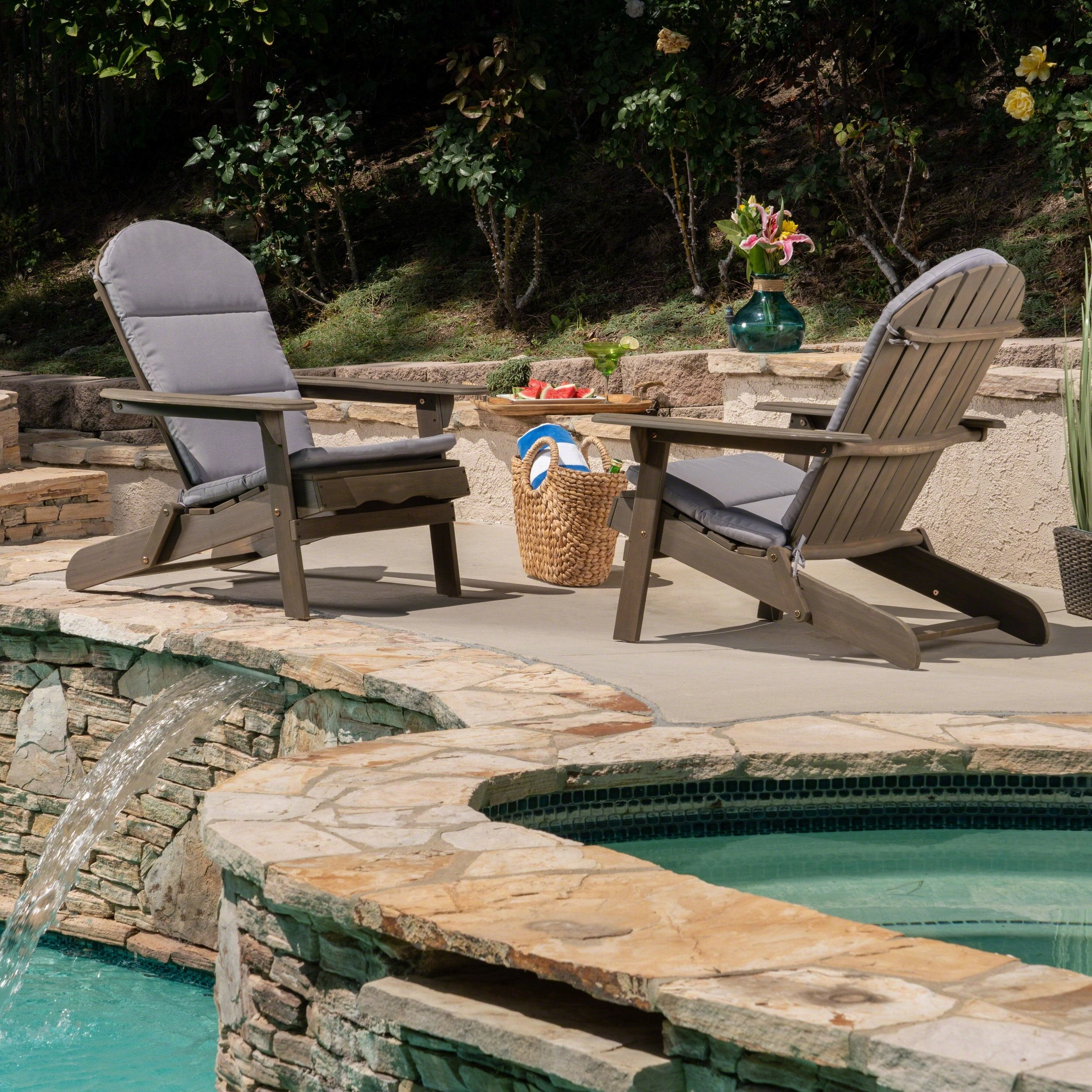 Outdoor Acacia Wood Folding Adirondack Chairs with Cushions - NH916403