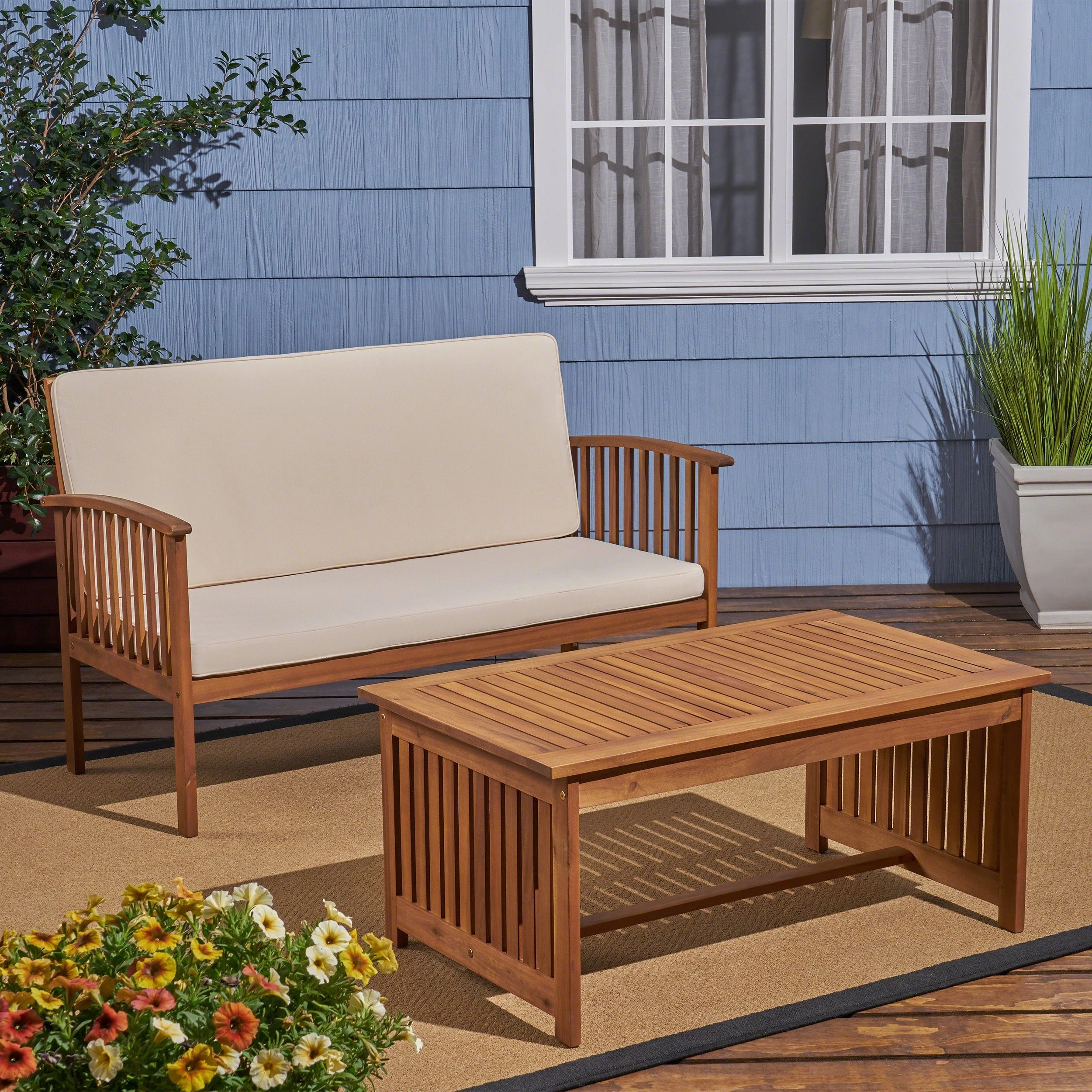 Outdoor Acacia Wood Loveseat & Coffee Table Set - NH460603 outdoor furniture, garden bench