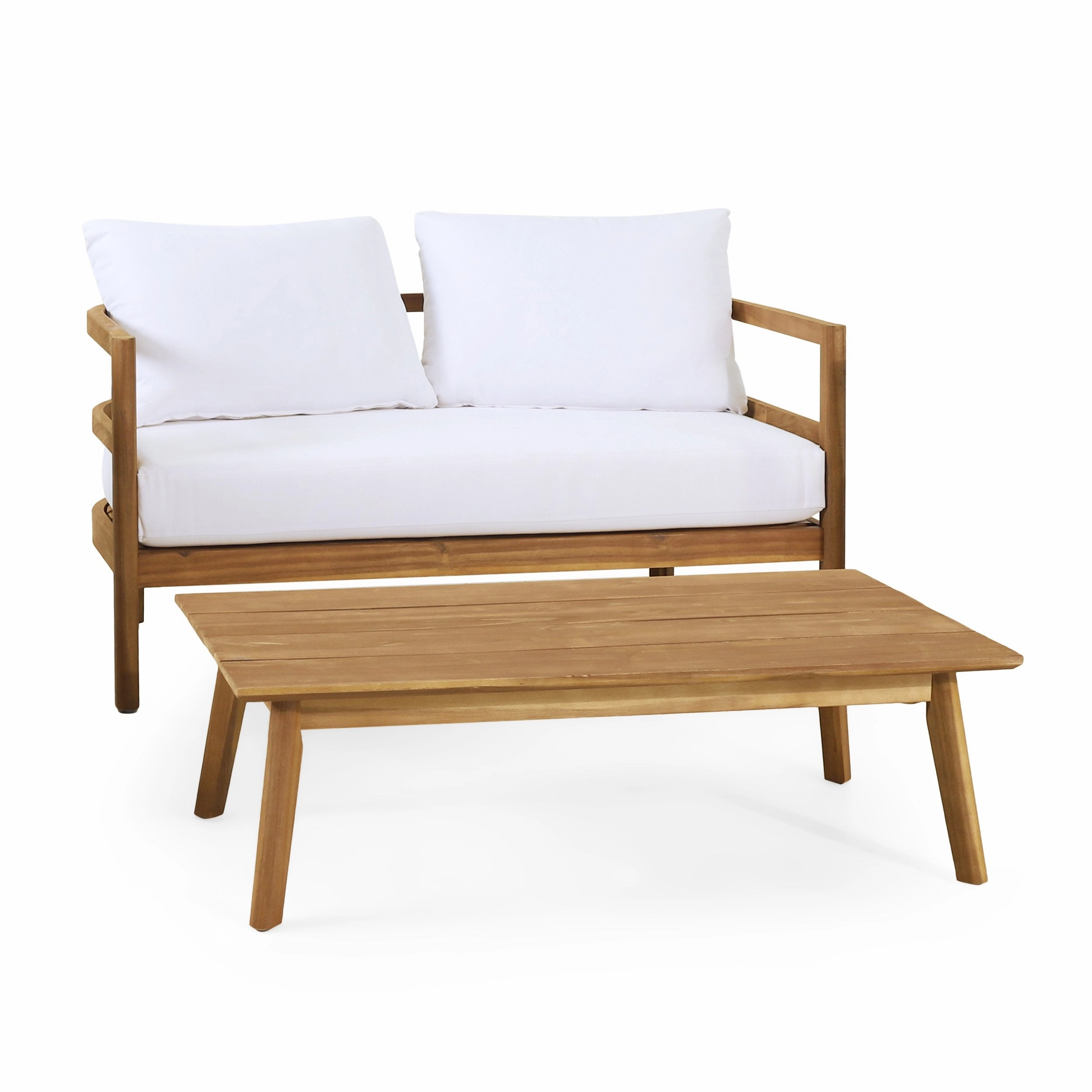 Outdoor Acacia Wood Loveseat and Coffee Table Set, Teak and White - NH416513 outdoor furniture, garden bench