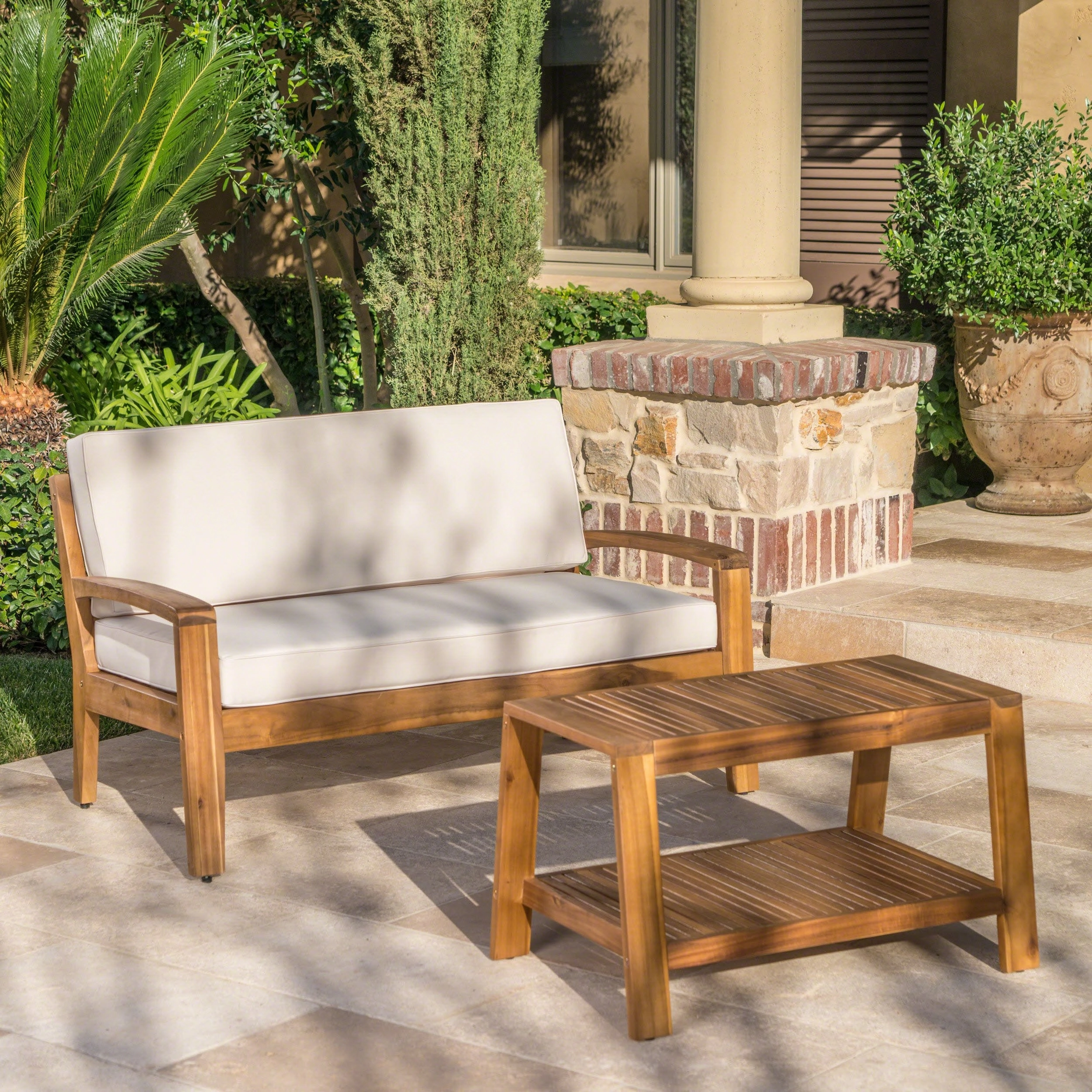 Outdoor Acacia Wood Loveseat and Coffee Table Set with Cushions - NH354303 outdoor furniture, garden bench