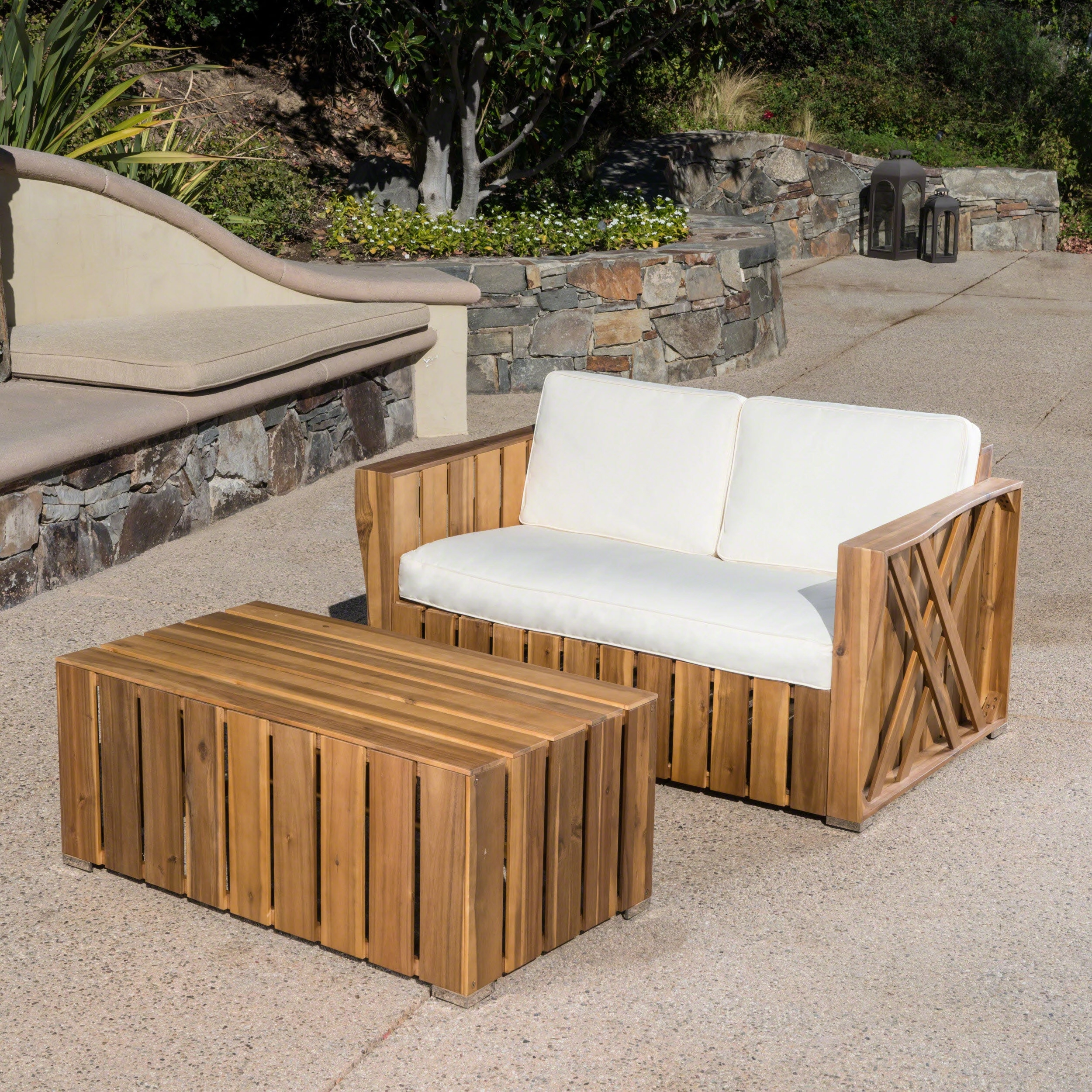 Outdoor Acacia Wood Loveseat and Coffee Table Set with Cushions - NH364303 outdoor furniture, garden bench
