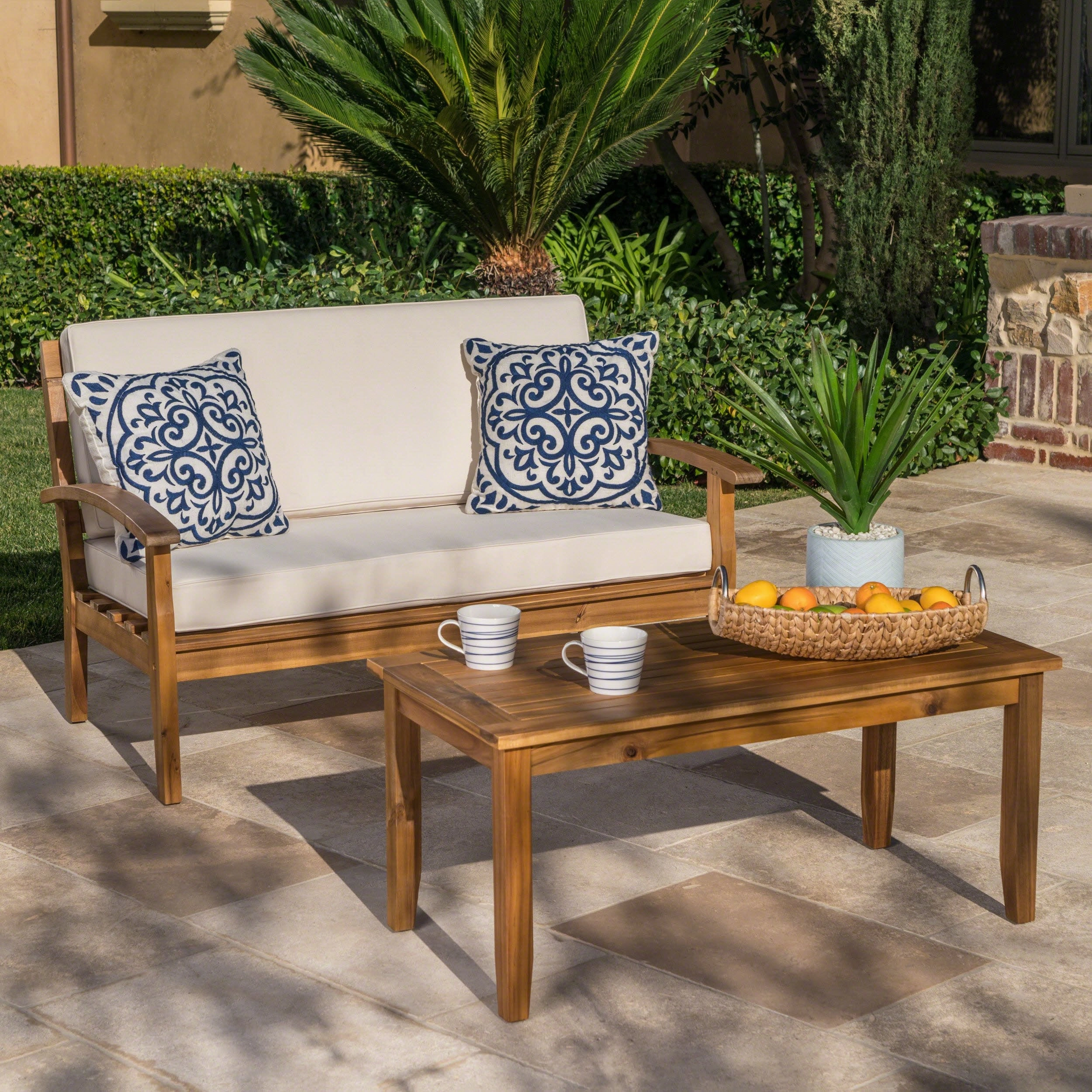 Outdoor Acacia Wood Loveseat and Coffee Table Set with Cushions - NH754303 outdoor furniture, garden bench