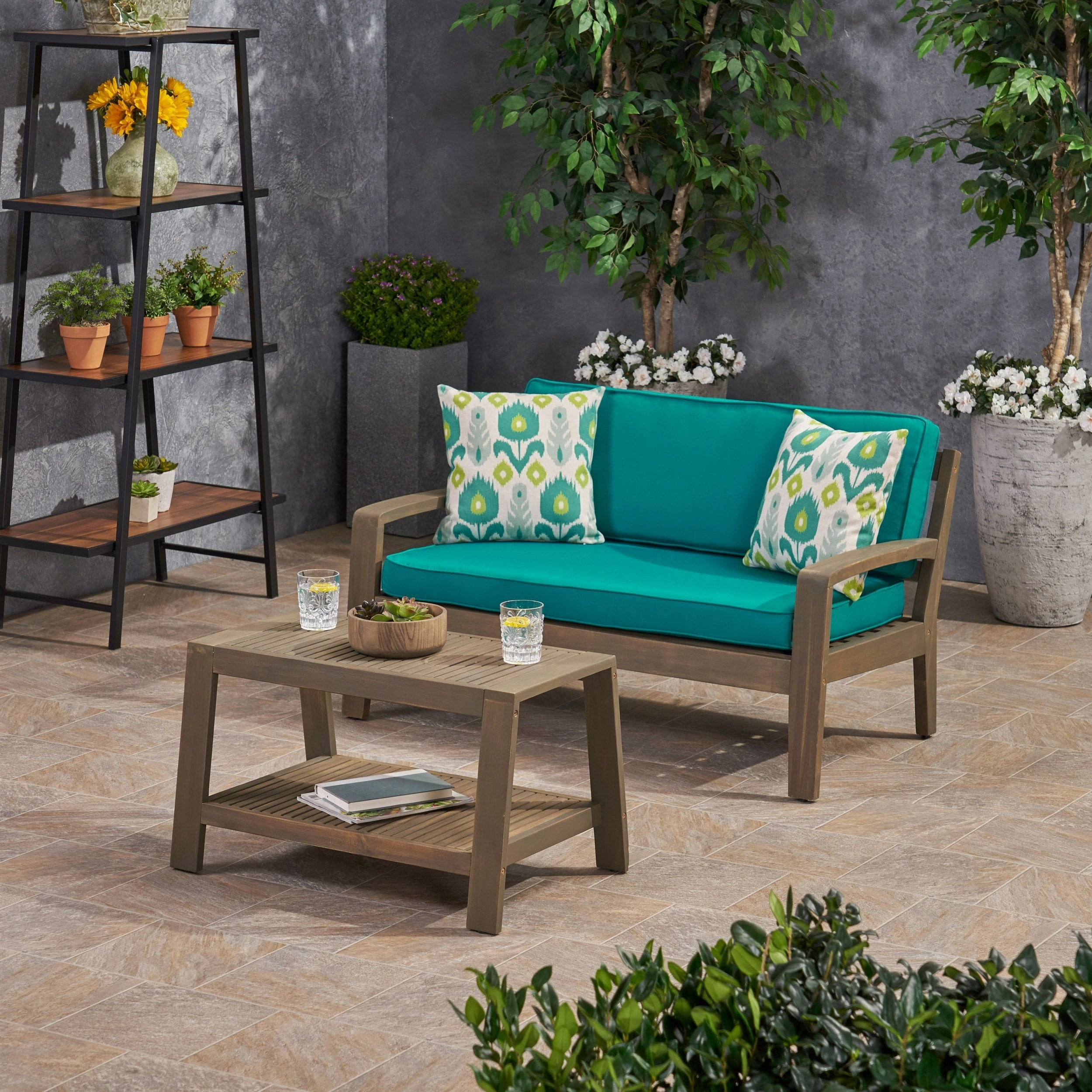 Outdoor Acacia Wood Loveseat and Coffee Table Set with Sunbrella Cushions - NH172703