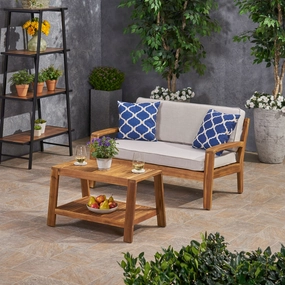 Outdoor Acacia Wood Loveseat and Coffee Table Set with Sunbrella Cushions - NH172703 outdoor furniture, garden bench
