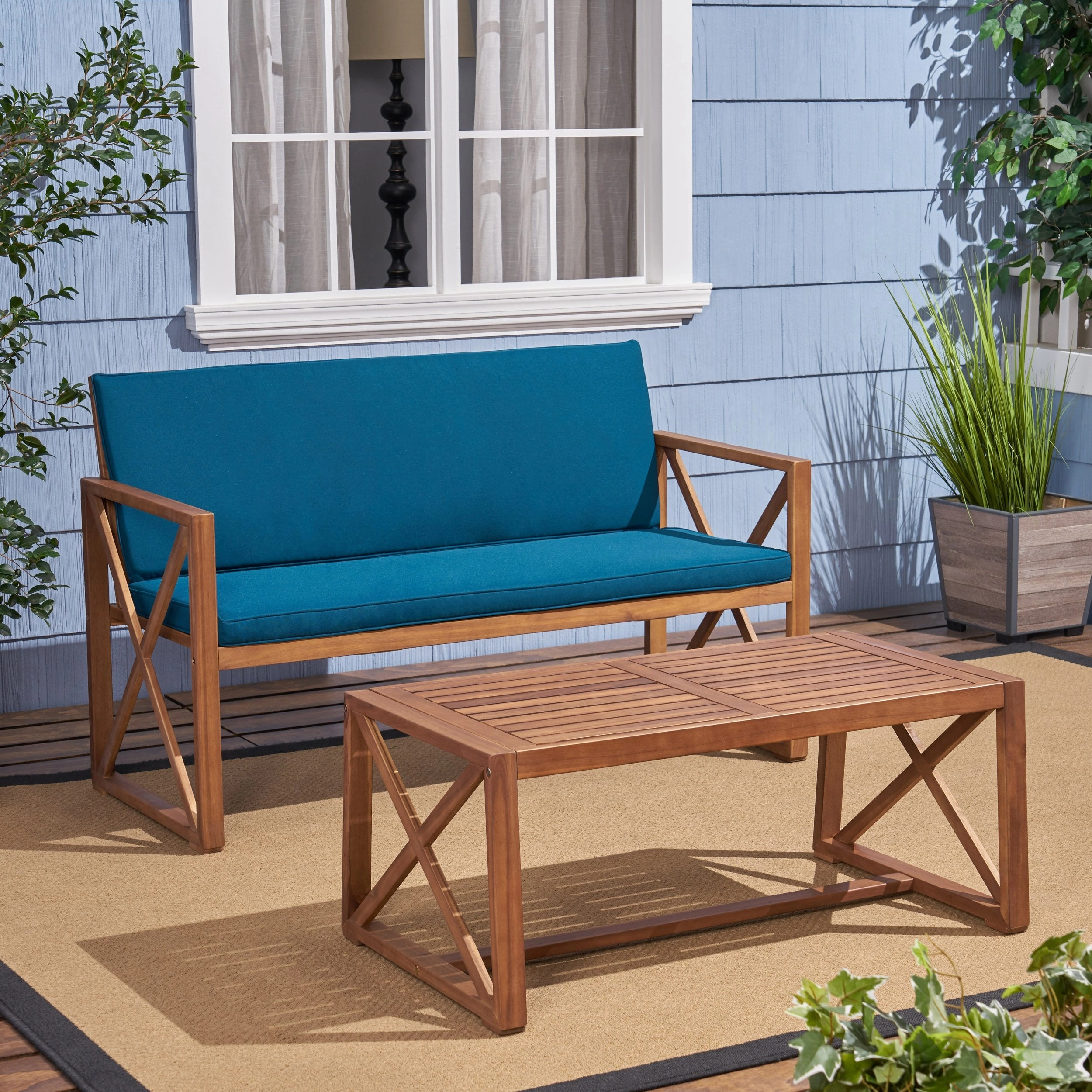 Outdoor Acacia Wood Loveseat with Coffee Table Set with Cushions - NH656703 outdoor furniture, garden bench