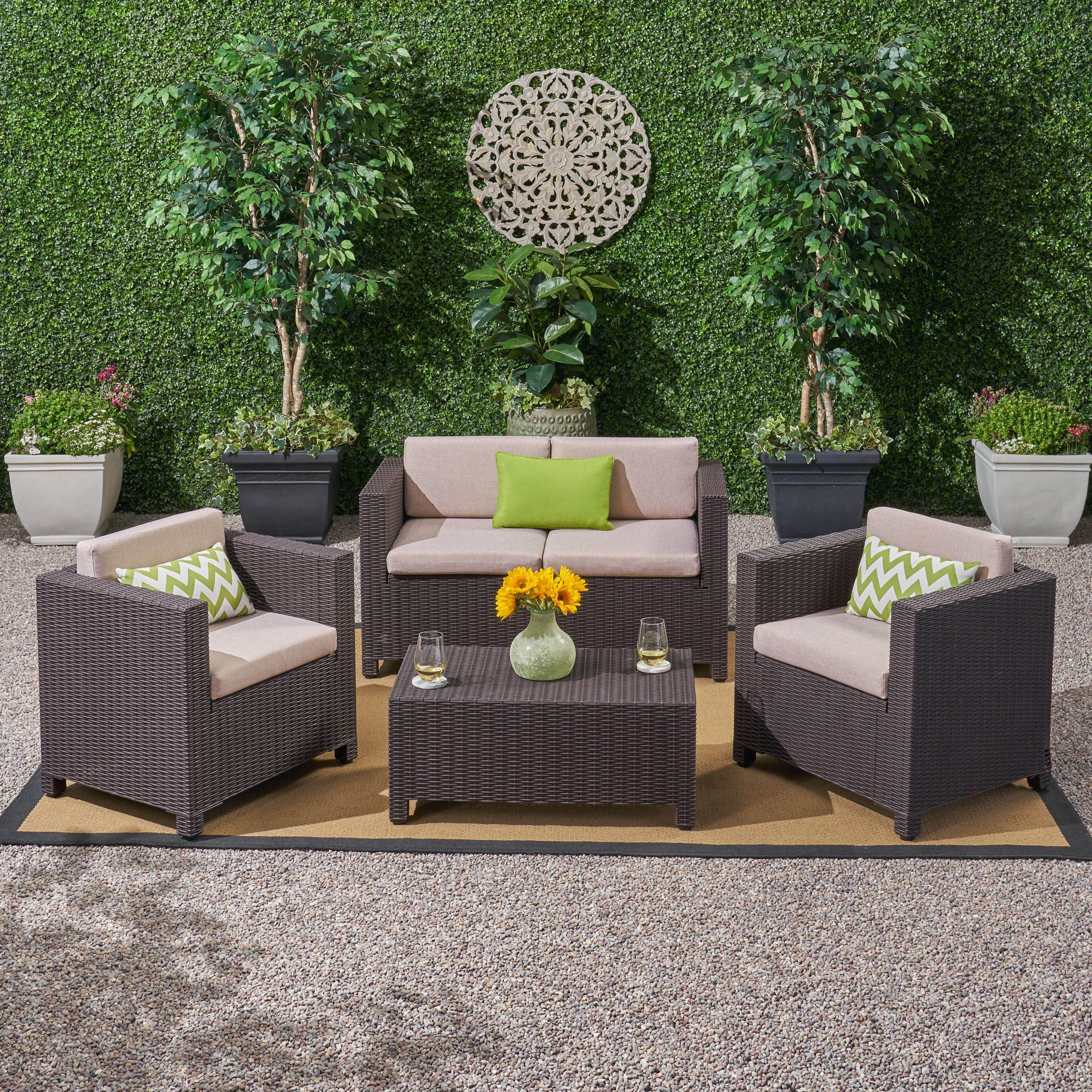 Outdoor All Weather Faux Wicker 4 Seater Chat Set with Cushions - NH320903 outdoor furniture, garden bench