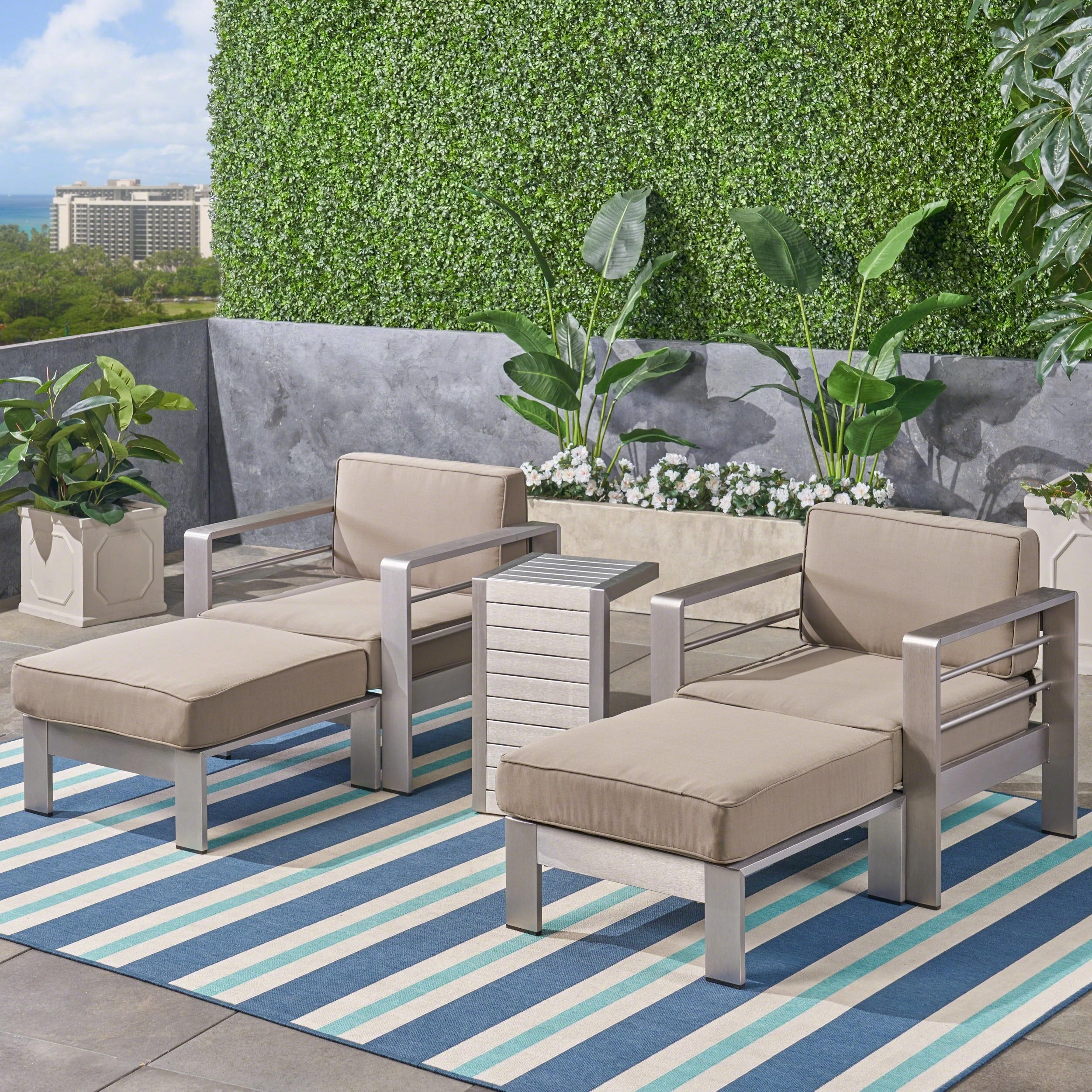 Outdoor Aluminum 2-Seater Club Chair Chat Set with Ottomans and Side Table - NH243603 outdoor furniture, garden bench