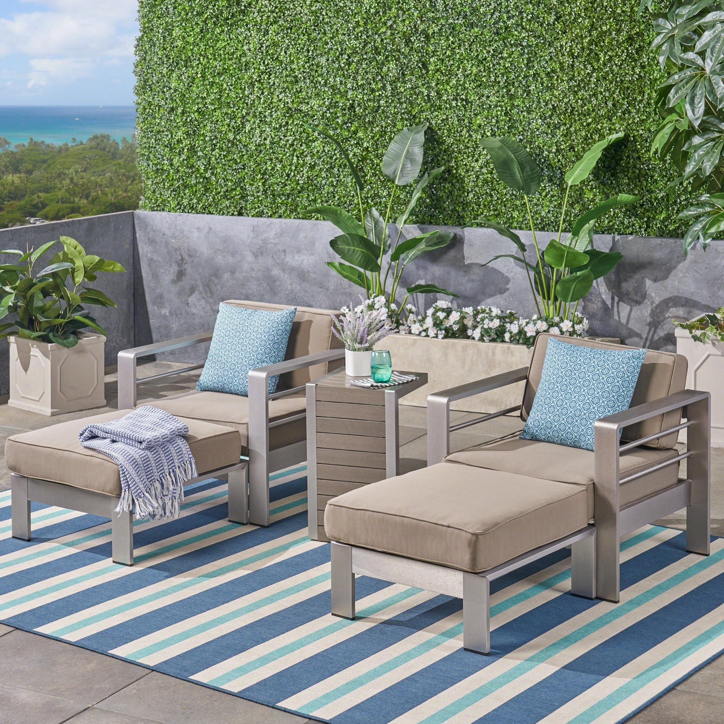 Outdoor Aluminum 2-Seater Club Chair Chat Set with Ottomans and Side Table - NH243603