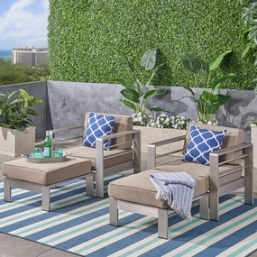 Outdoor Aluminum 2-Seater Club Chair Chat Set with Ottomans, Silver and Khaki - NH143603 outdoor furniture, garden bench