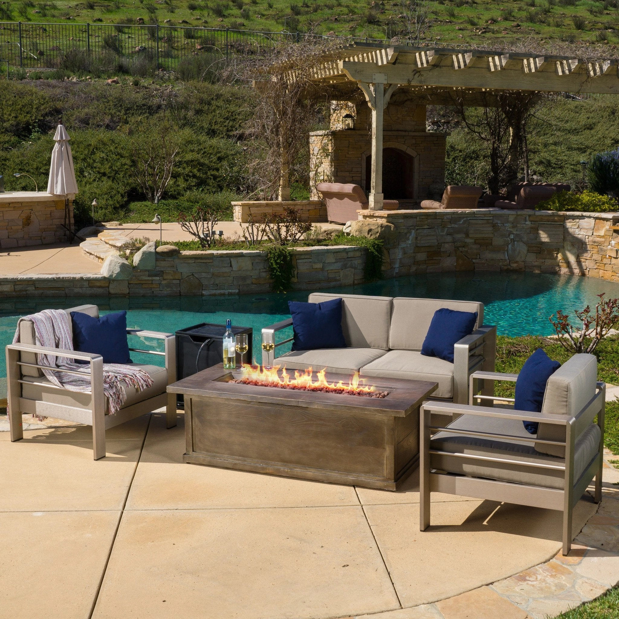 Outdoor Aluminum 3-piece Chat Set with 56-inch Rectangular Liquid Propane Fire Table - NH020792 outdoor furniture, garden bench