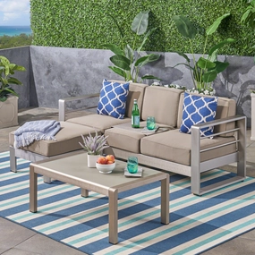 Outdoor Aluminum 3-Seater Sofa Set with Coffee Table and Ottman, Silver and Khaki - NH043603 outdoor furniture, garden bench