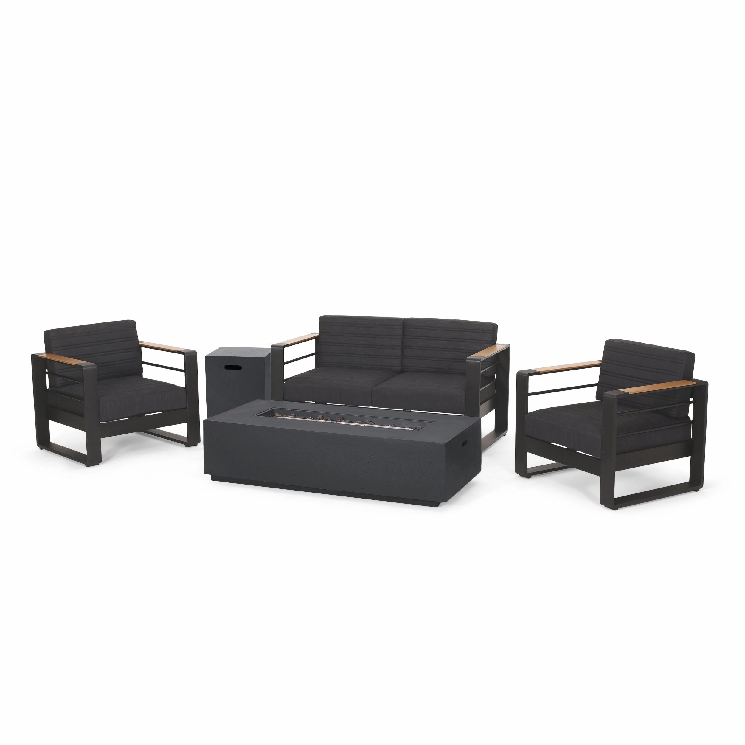 Outdoor Aluminum 4 Seater Chat Set with Fire Pit, Black, Natural, and Dark Gray - NH534413 outdoor furniture, garden bench