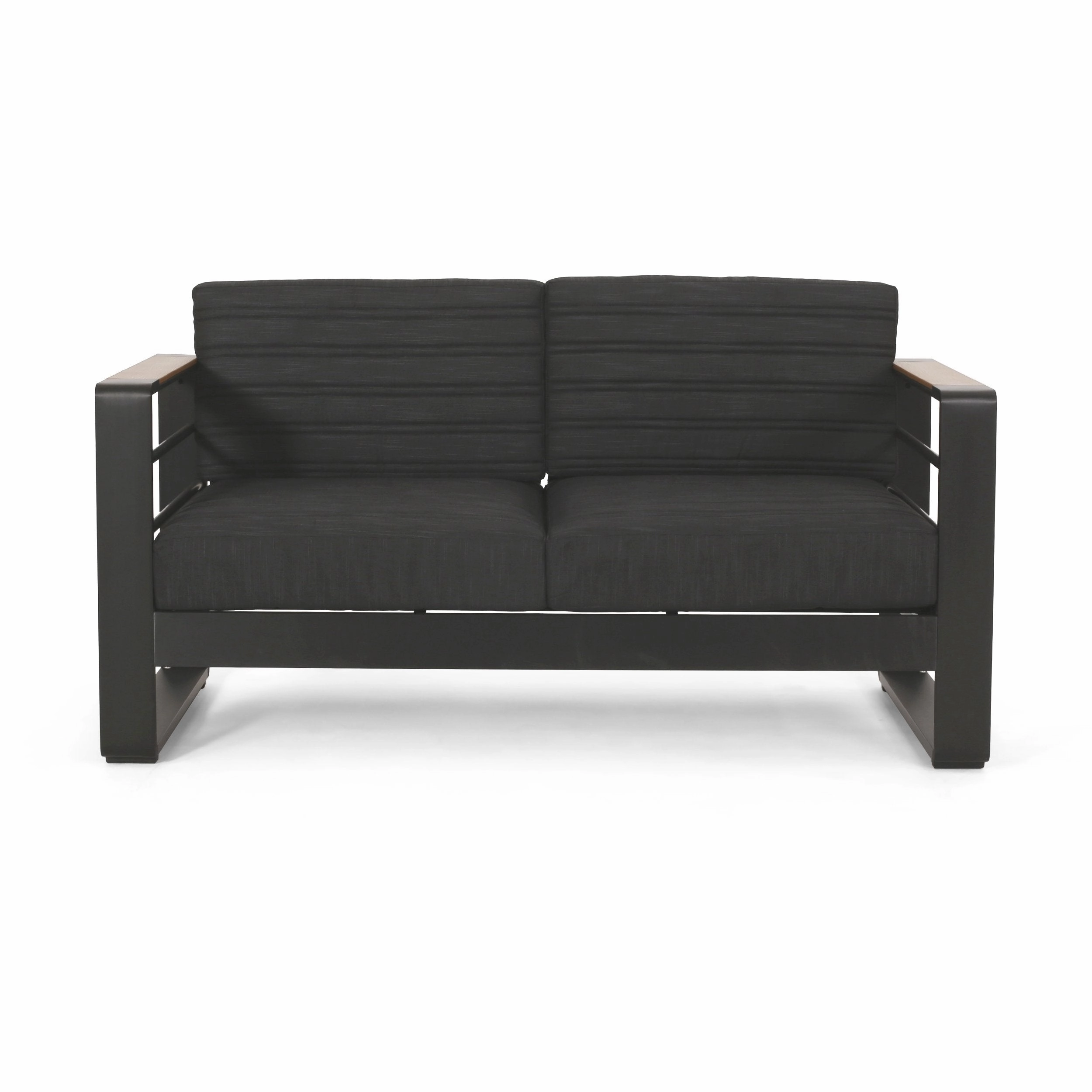 Outdoor Aluminum 4 Seater Chat Set with Fire Pit, Black, Natural, and Dark Gray - NH634413