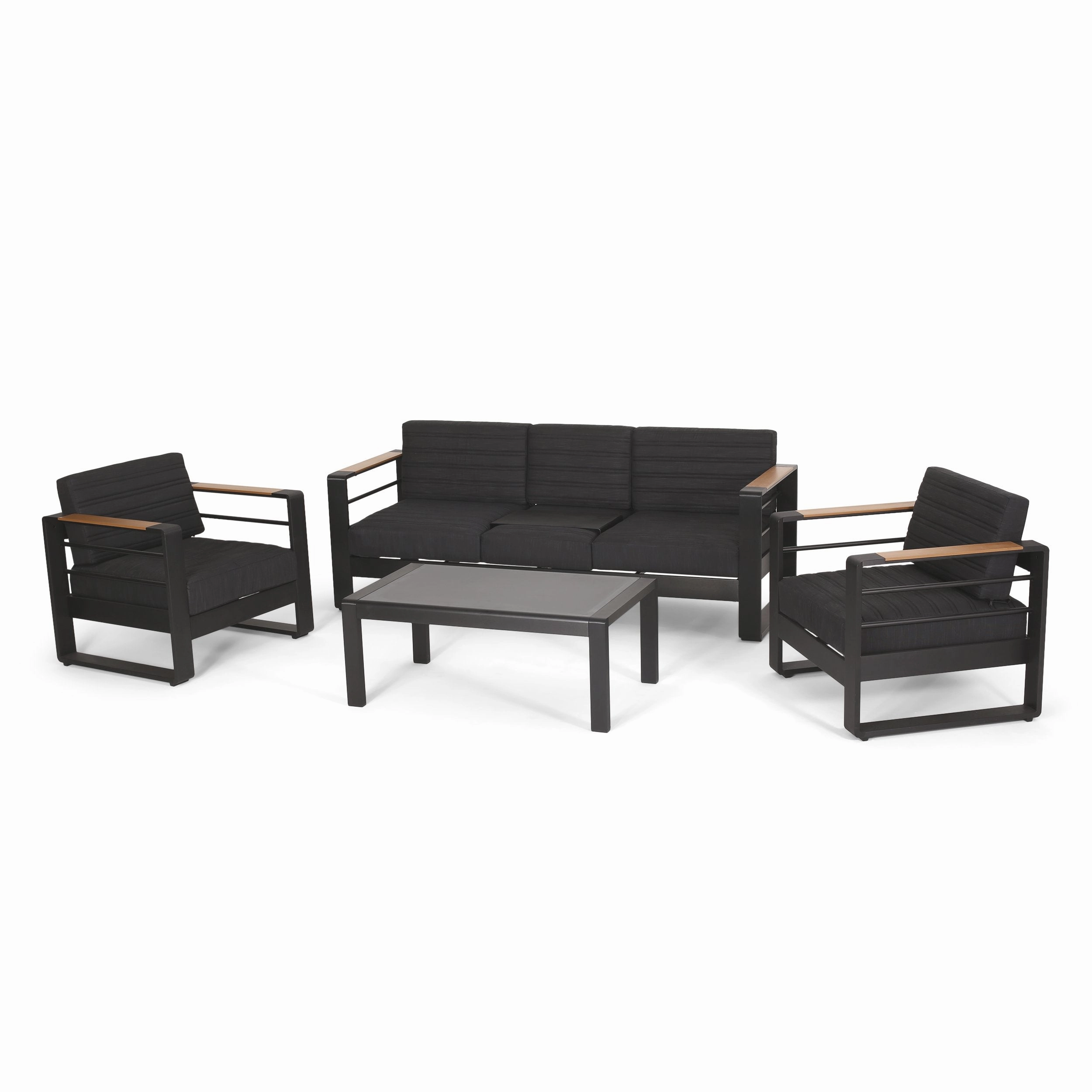 Outdoor Aluminum 5 Seater Chat Set with Water Resistant Cushions, Black, Natural, and Dark Gray - NH358413 outdoor furniture, garden bench