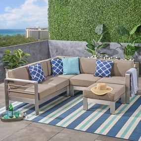 Outdoor Aluminum 5-Seater V-Shape Sectional Sofa Set with Ottoman, Silver and Khaki - NH343603 outdoor furniture, garden bench