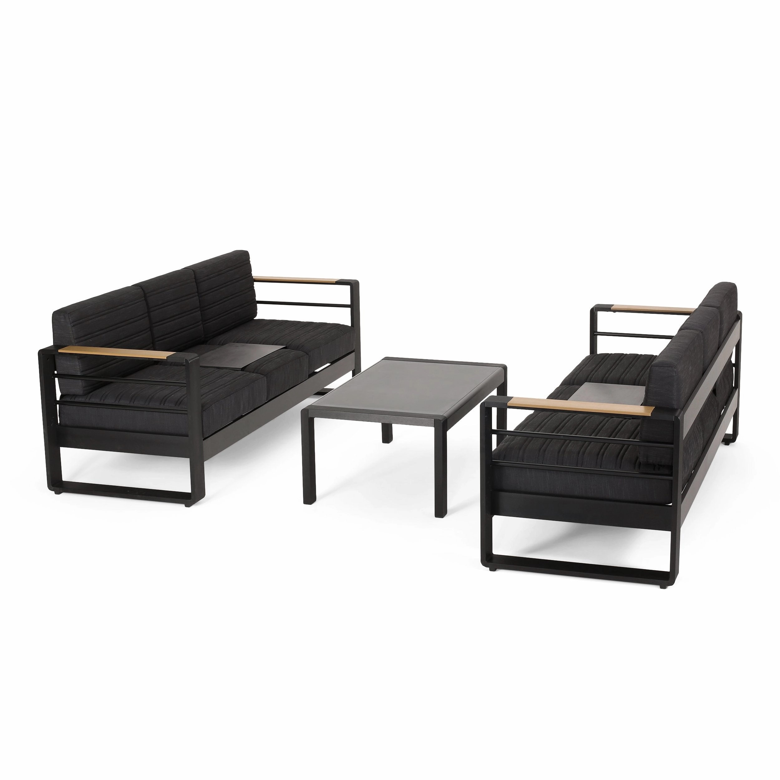 Outdoor Aluminum 6 Seater Chat Set with Water Resistant Cushions, Black, Natural, and Dark Gray - NH558413 outdoor furniture, garden bench