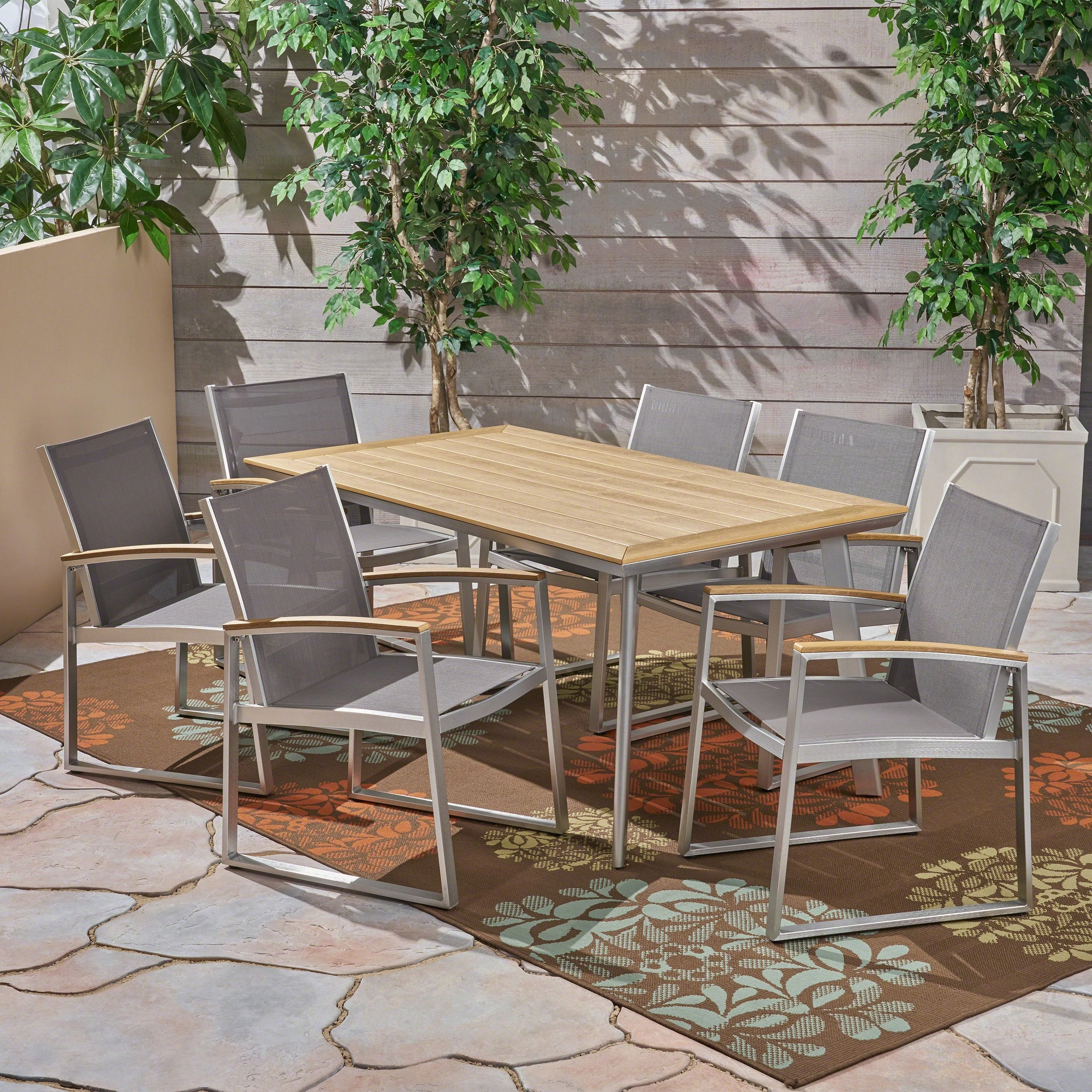 Outdoor Aluminum 7-Piece Dining Set with Mesh Chairs and Faux Wood Top - NH888503 outdoor lounge chair, patio sofa