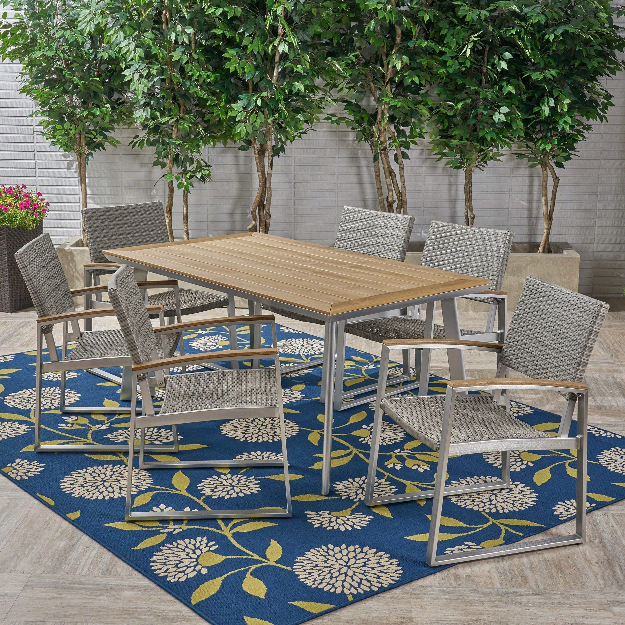 Outdoor Aluminum 7-Piece Dining Set with Mesh Chairs and Faux Wood Top - NH888503