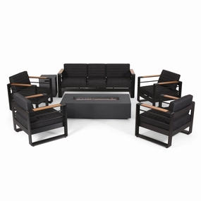 Outdoor Aluminum 7 Seater Chat Set with Fire Pit, Black, Natural, and Dark Gray - NH458413 outdoor furniture, garden bench