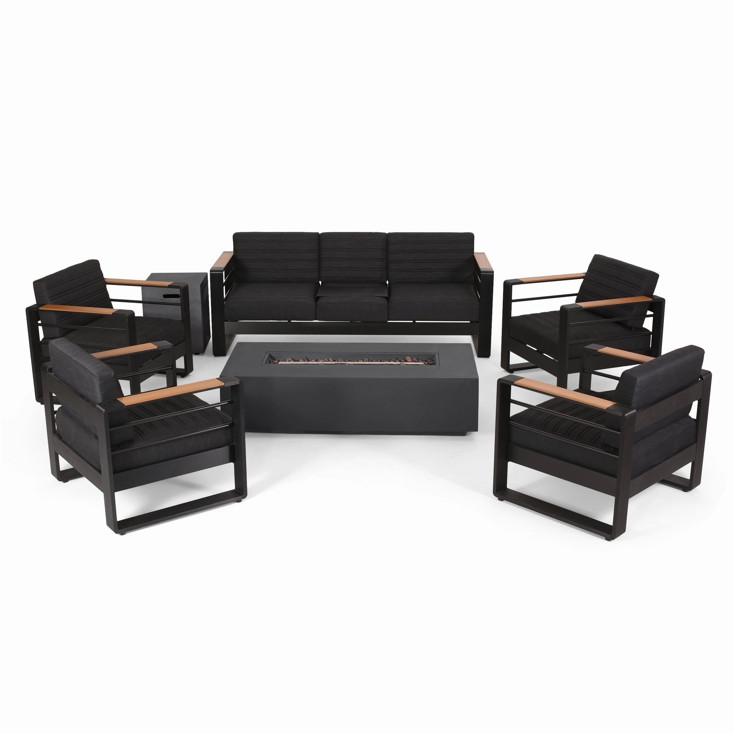 Outdoor Aluminum 7 Seater Chat Set with Fire Pit, Black, Natural, and Dark Gray - NH458413 outdoor furniture, garden bench
