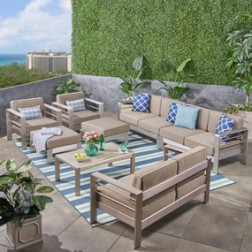 Outdoor Aluminum 8-Seater Sectional Sofa Set with Coffee Table and Ottomans, Silver and Khaki - NH643603 outdoor furniture, garden bench