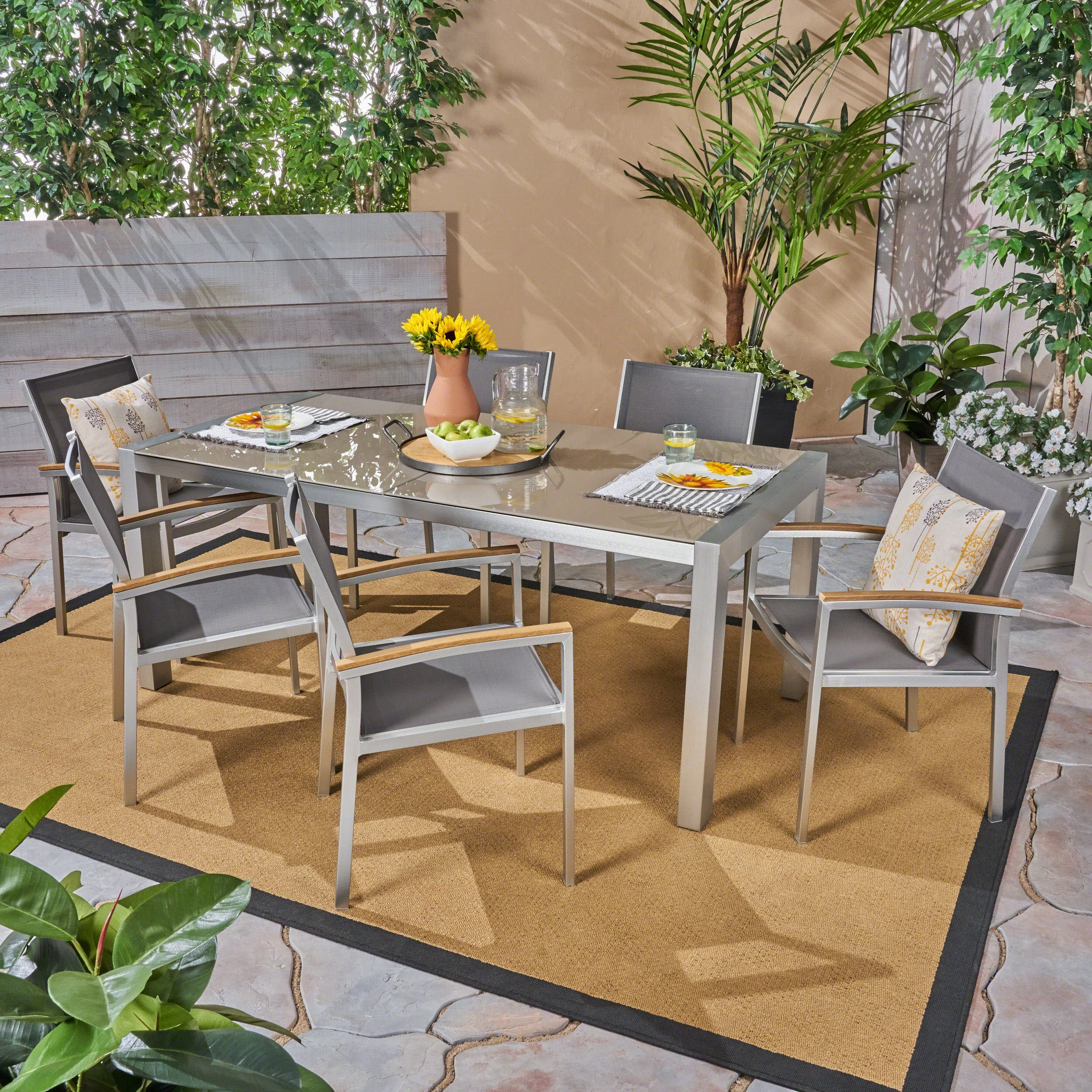 Outdoor Aluminum and Mesh 7 Piece Dining Set with Glass Table Top - NH986503 outdoor lounge chair, patio sofa