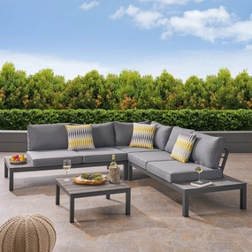 Outdoor Aluminum and Wood V-Shaped Sofa Set with Cushions - NH464603 outdoor furniture, garden bench