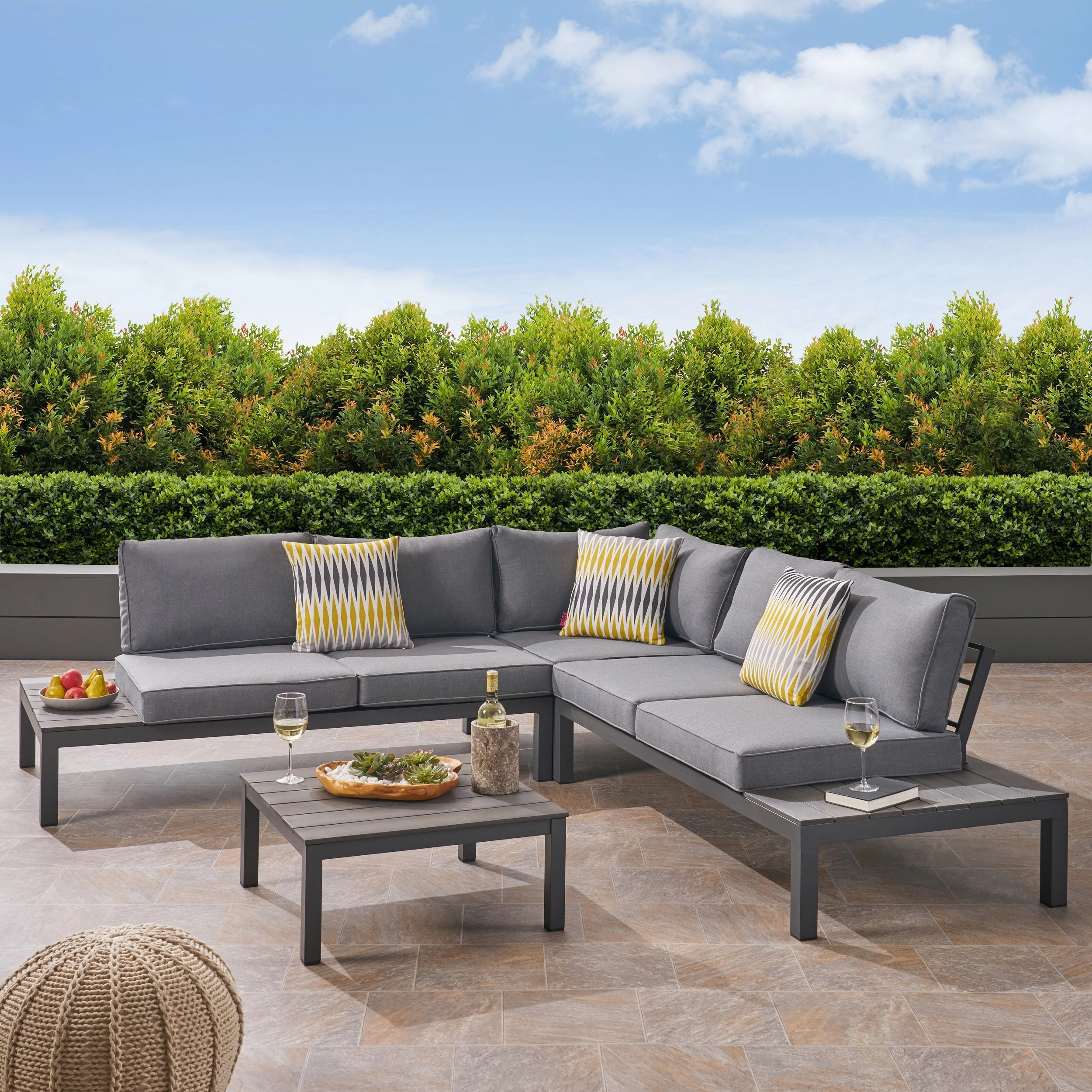 Outdoor Aluminum and Wood V-Shaped Sofa Set with Cushions - NH464603 outdoor furniture, garden bench