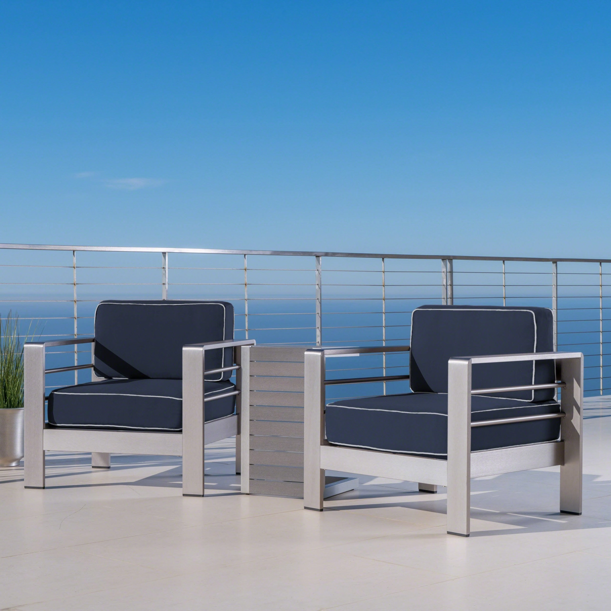 Outdoor Aluminum Club Chairs and Faux Wood Side Table Set with Cushions - NH367403