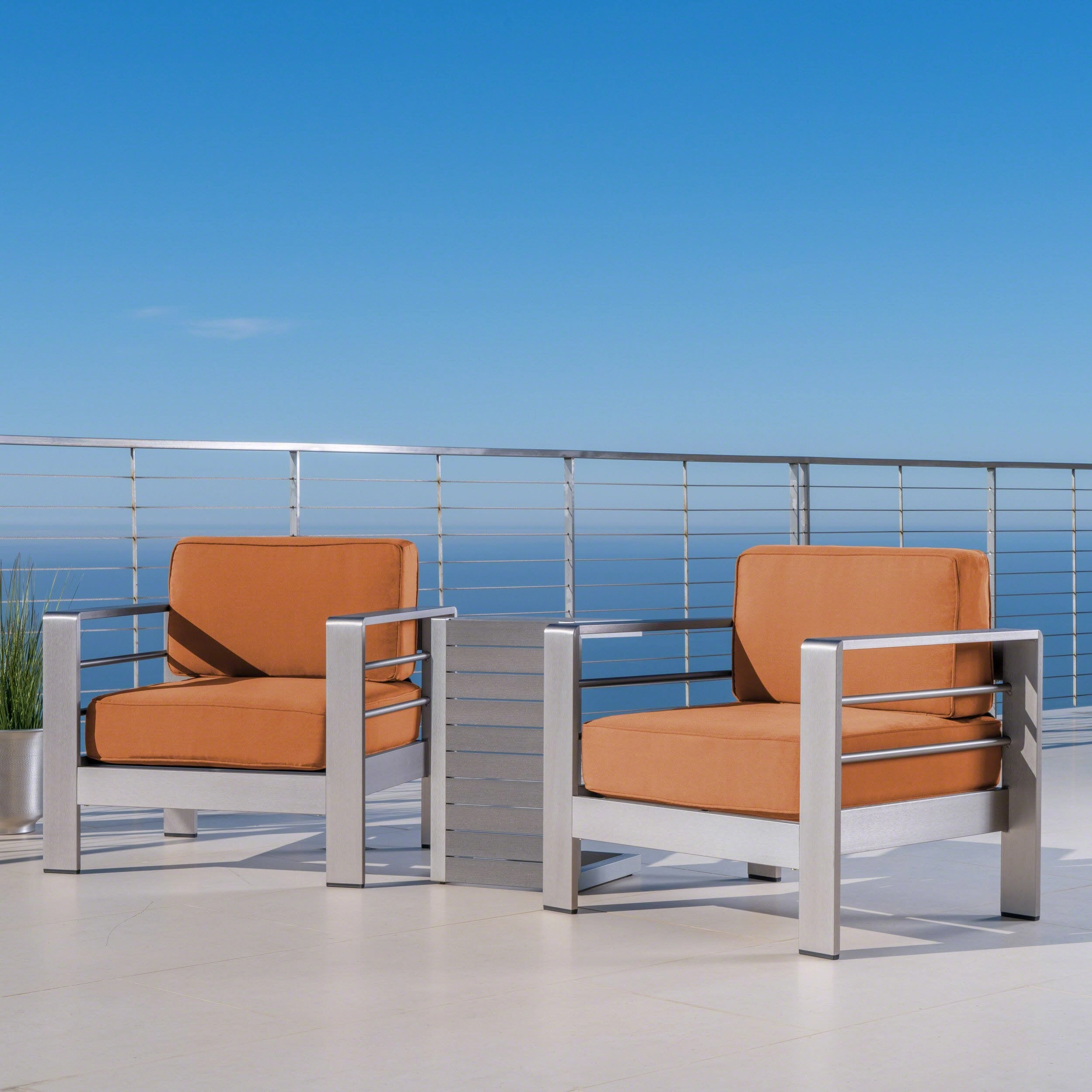 Outdoor Aluminum Club Chairs and Faux Wood Side Table Set with Cushions - NH367403