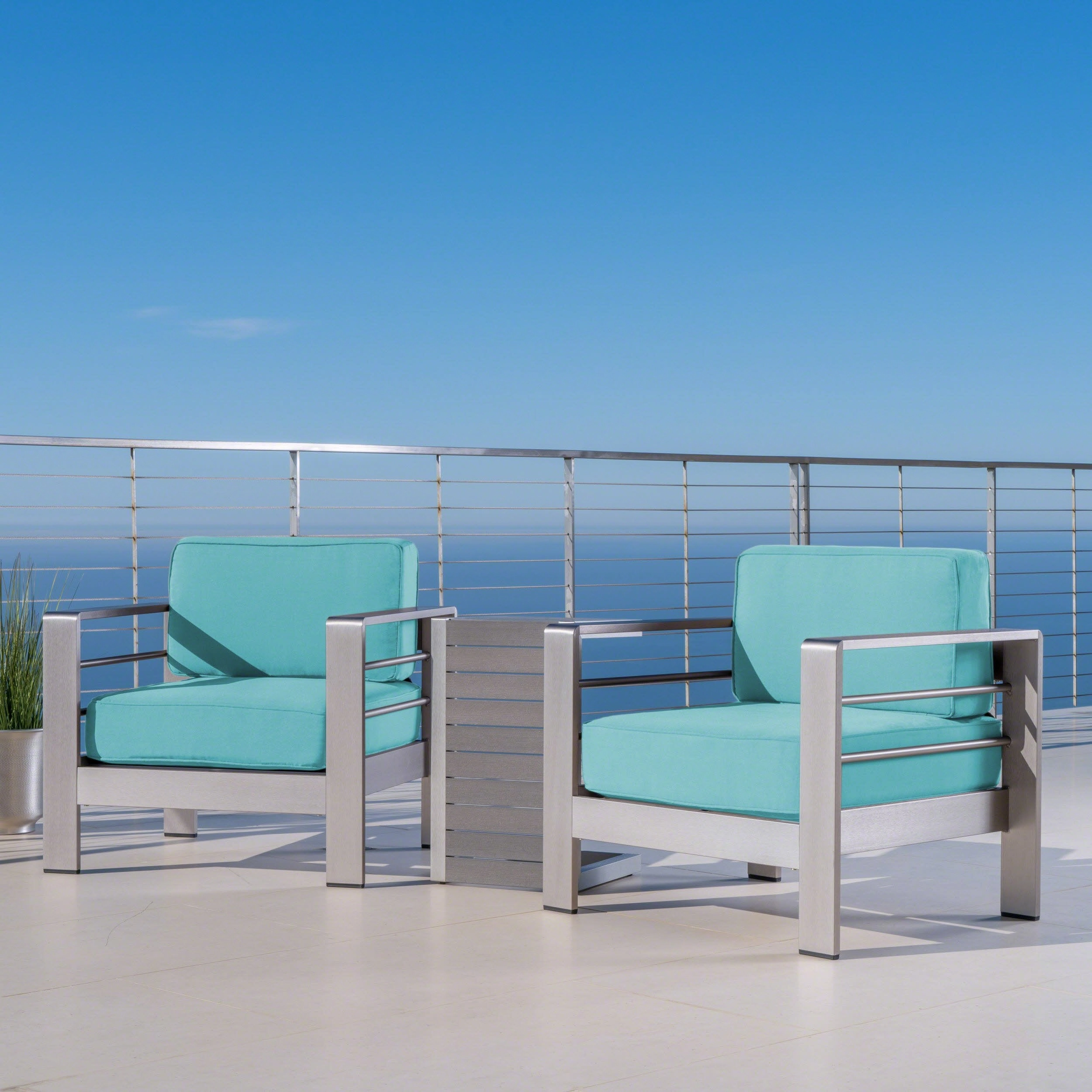 Outdoor Aluminum Club Chairs and Faux Wood Side Table Set with Cushions - NH367403 outdoor furniture, garden bench