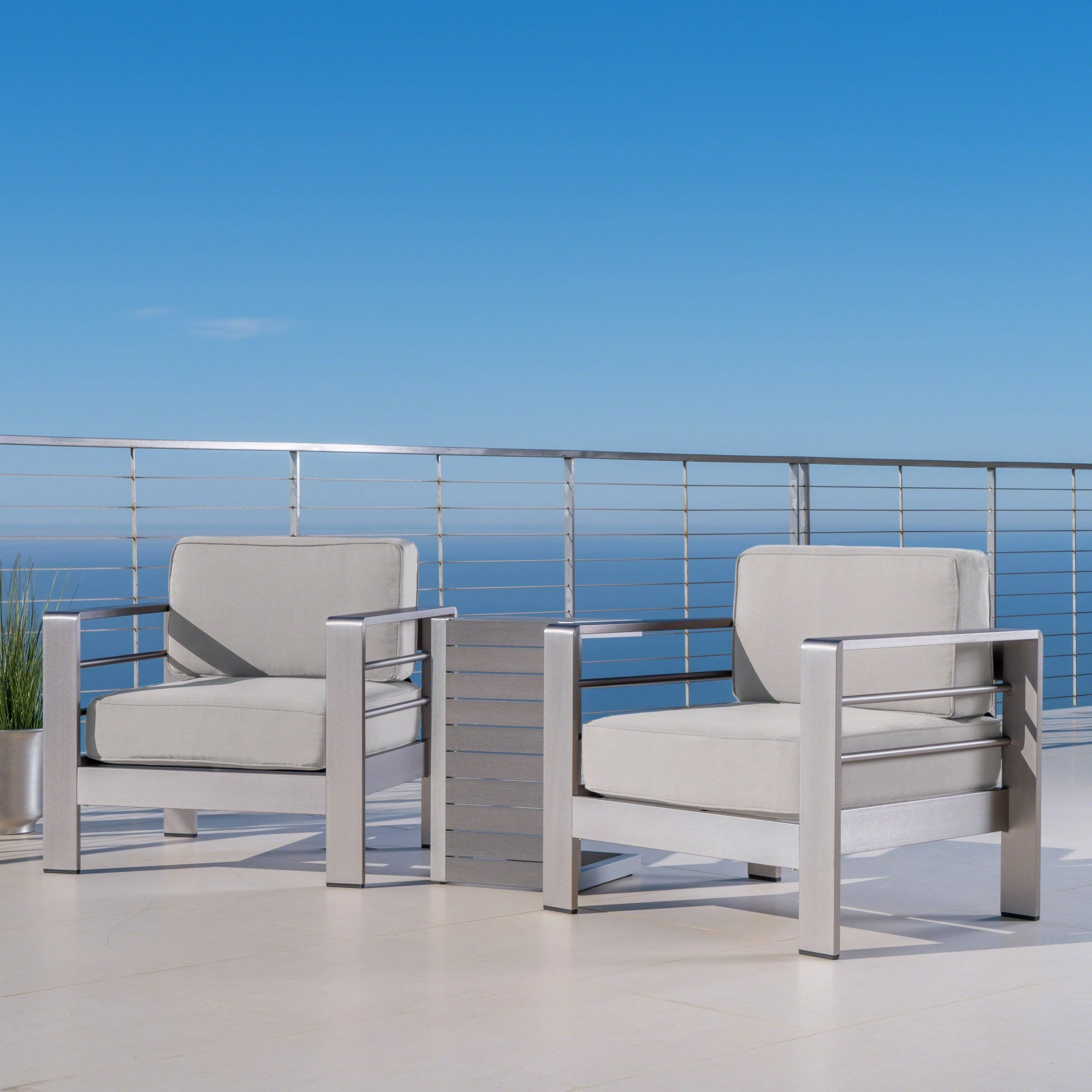 Outdoor Aluminum Club Chairs and Faux Wood Side Table Set with Cushions - NH367403