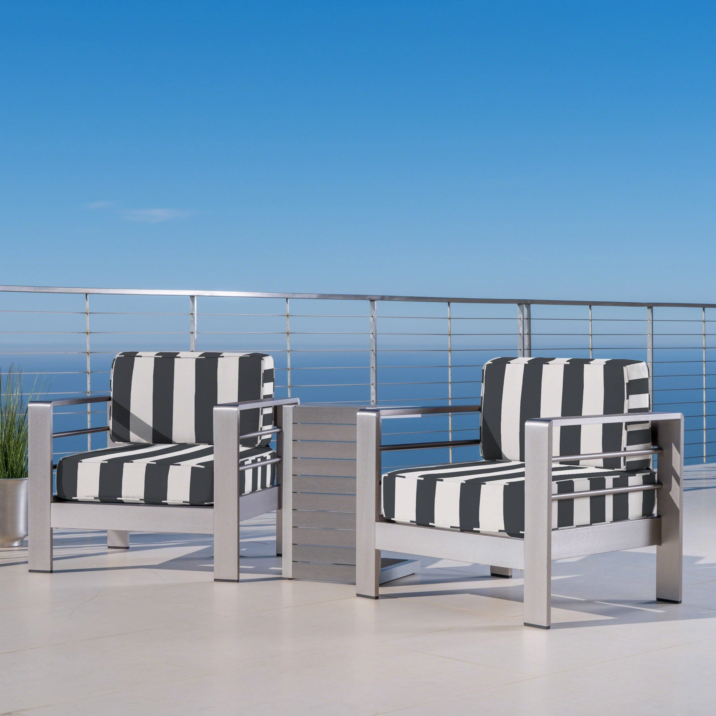 Outdoor Aluminum Club Chairs and Faux Wood Side Table Set with Cushions, Silver and Cabana Classic Sunbrella (Optional Sunbrella Cushions) - NH467403 outdoor furniture, garden bench