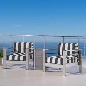Outdoor Aluminum Club Chairs and Faux Wood Side Table Set with Cushions, Silver and Cabana Classic Sunbrella (Optional Sunbrella Cushions) - NH467403 outdoor furniture, garden bench