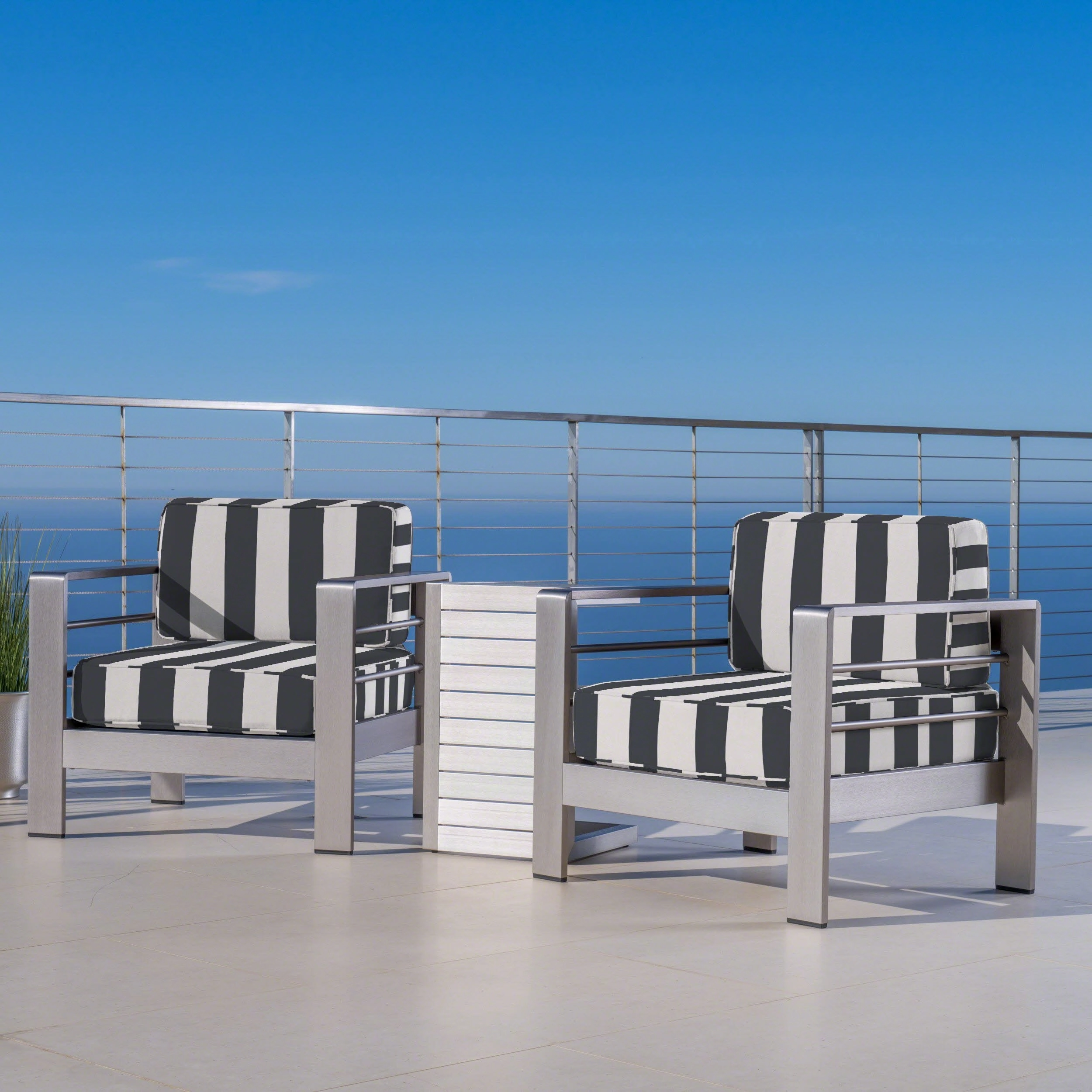 Outdoor Aluminum Club Chairs and Side Table Set with Cushions, Silver and Cabana Classic Sunbrella (Optional Sunbrella Cushions) - NH667403 outdoor furniture, garden bench