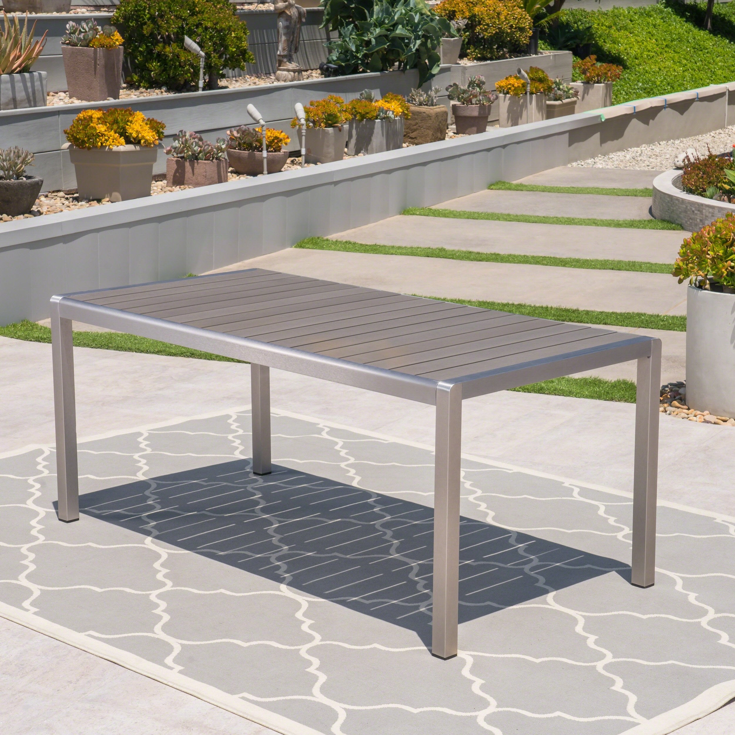 Outdoor Aluminum Dining Table with Faux Wood Top, Gray Finish - NH353503