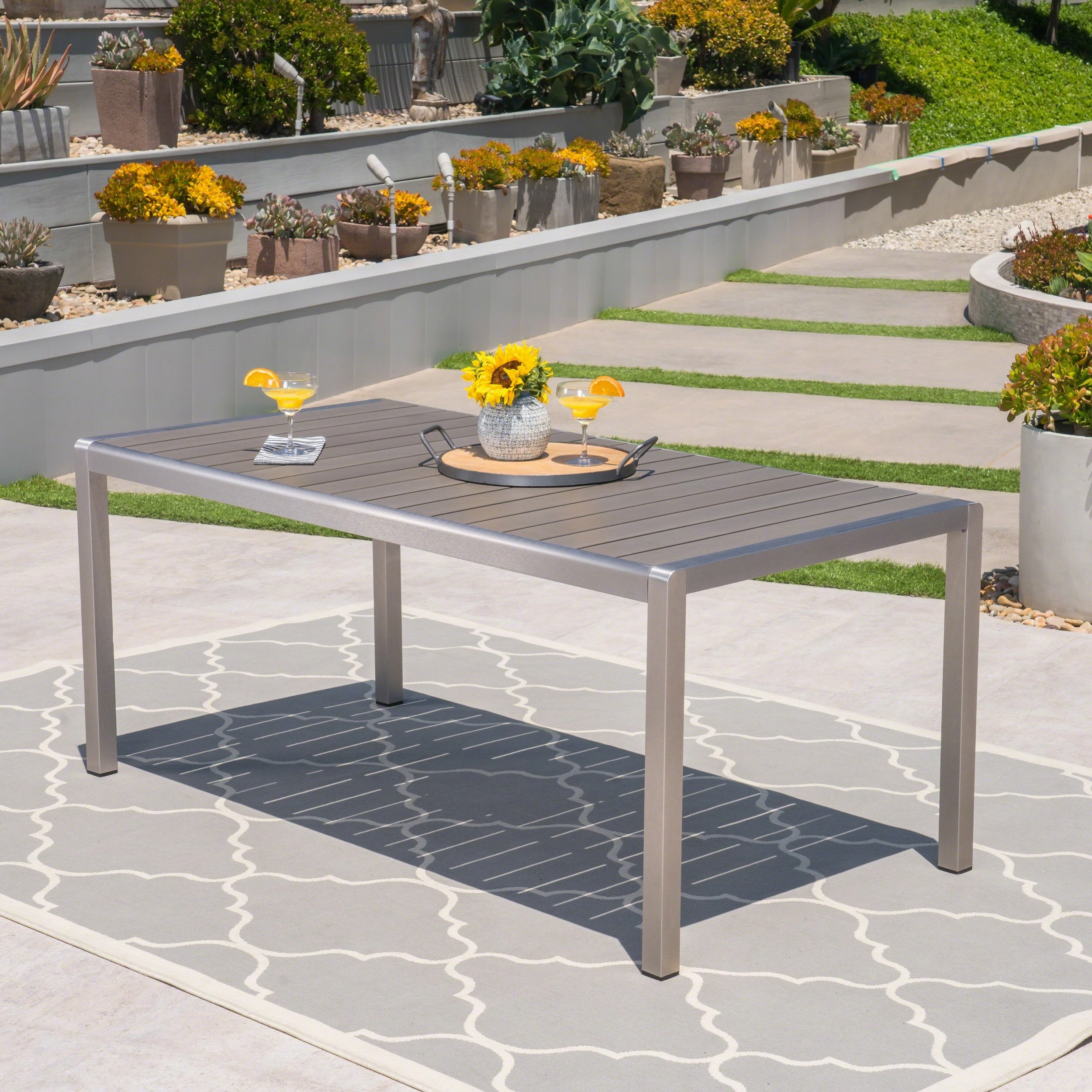 Outdoor Aluminum Dining Table with Faux Wood Top, Gray Finish - NH353503 outdoor lounge chair, patio sofa