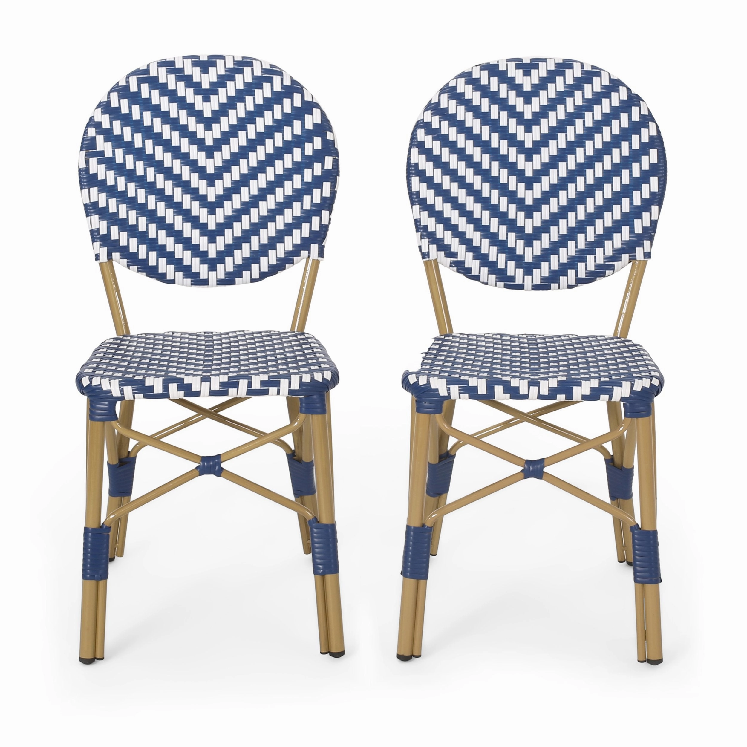 Outdoor Aluminum French Bistro Chairs, Set of 2, Navy Blue, White, and Bamboo Finish - NH044413 outdoor lounge chair, patio sofa