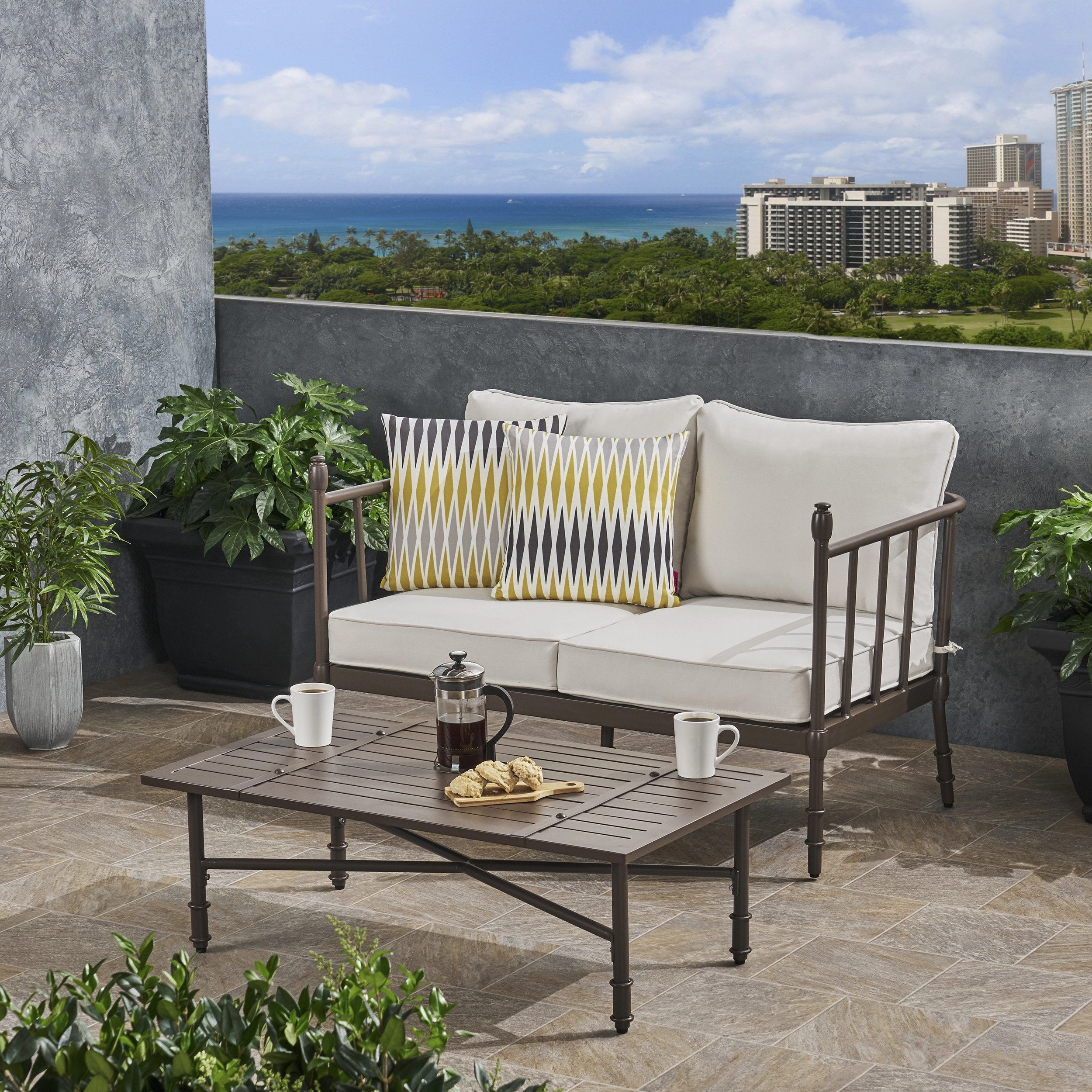 Outdoor Aluminum Loveseat and Coffee Table with Cushions - NH280903 outdoor furniture, garden bench
