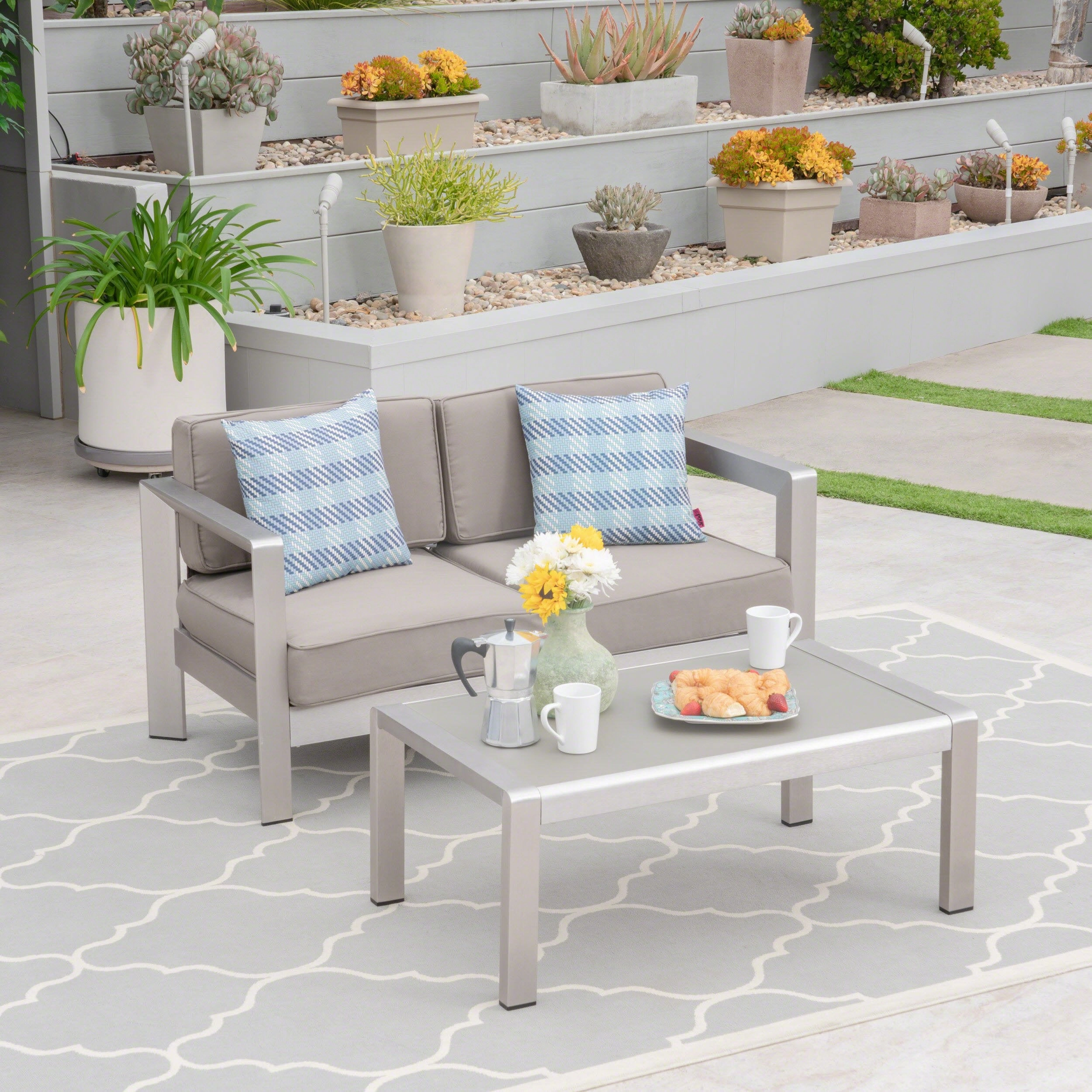 Outdoor Aluminum Loveseat and Tempered Glass-Topped Coffee Table - NH564603 outdoor furniture, garden bench