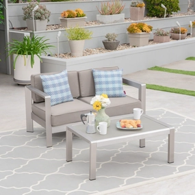 Outdoor Aluminum Loveseat and Tempered Glass-Topped Coffee Table - NH564603 outdoor furniture, garden bench