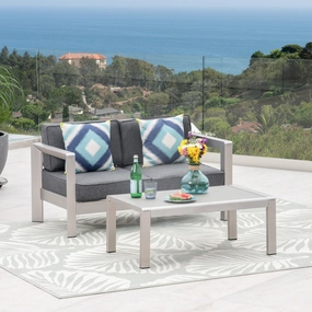 Outdoor Aluminum Loveseat and Tempered Glass-Topped Coffee Table, Silver and Gray - NH664603 outdoor furniture, garden bench