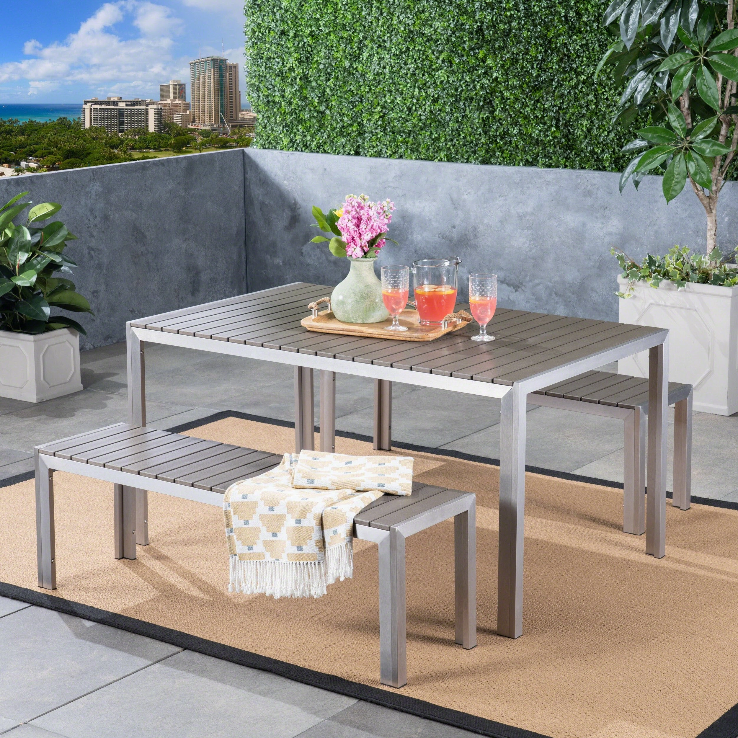 Outdoor Aluminum Picnic Set with Faux Wood Top, Silver and Natural - NH644603 outdoor lounge chair, patio sofa