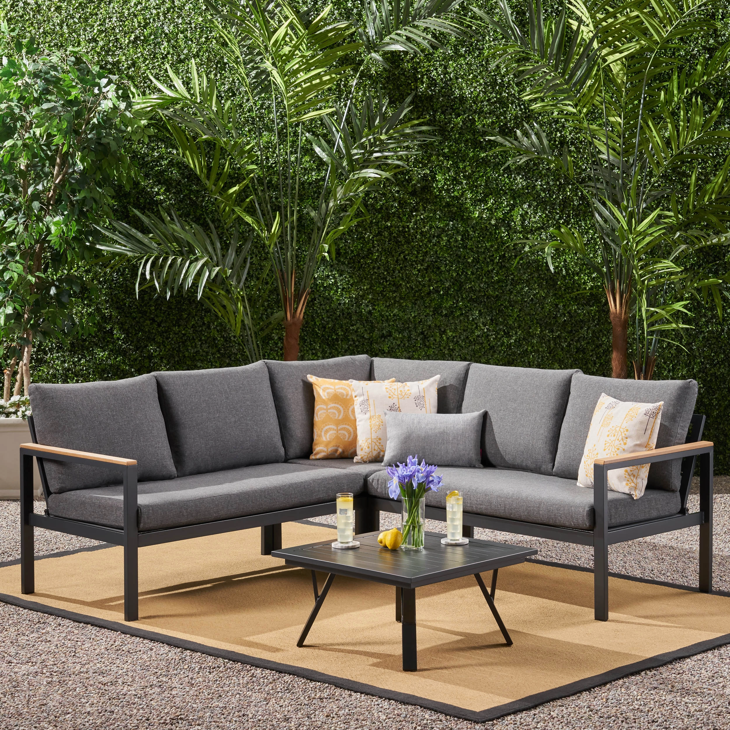 Outdoor Aluminum V-Shaped Sofa Set with Faux Wood Accents, Gray Finish and Gray - NH503903 outdoor furniture, garden bench