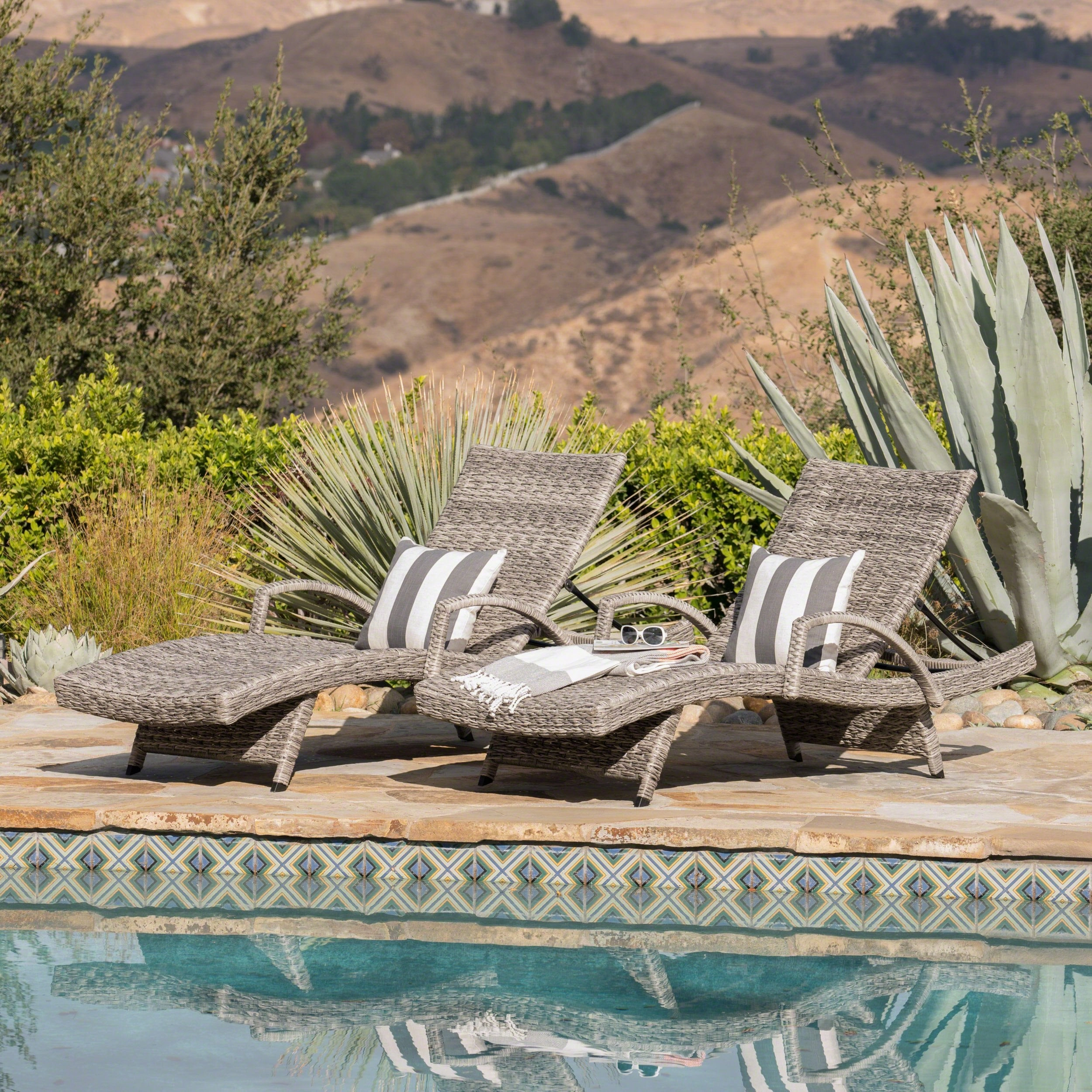 Outdoor Armed Aluminum Framed Grey Wicker Chaise Lounge - NH214303