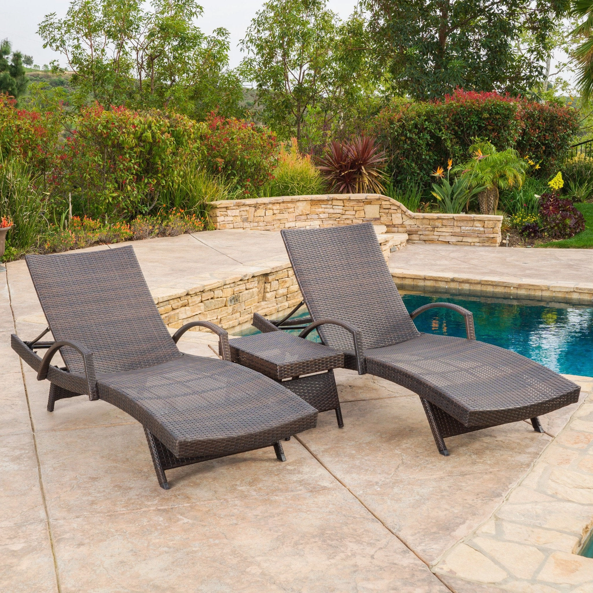 Outdoor Brown Wicker 3-piece Adjustable Armed Chaise Lounge Set - NH777692 outdoor furniture, garden bench
